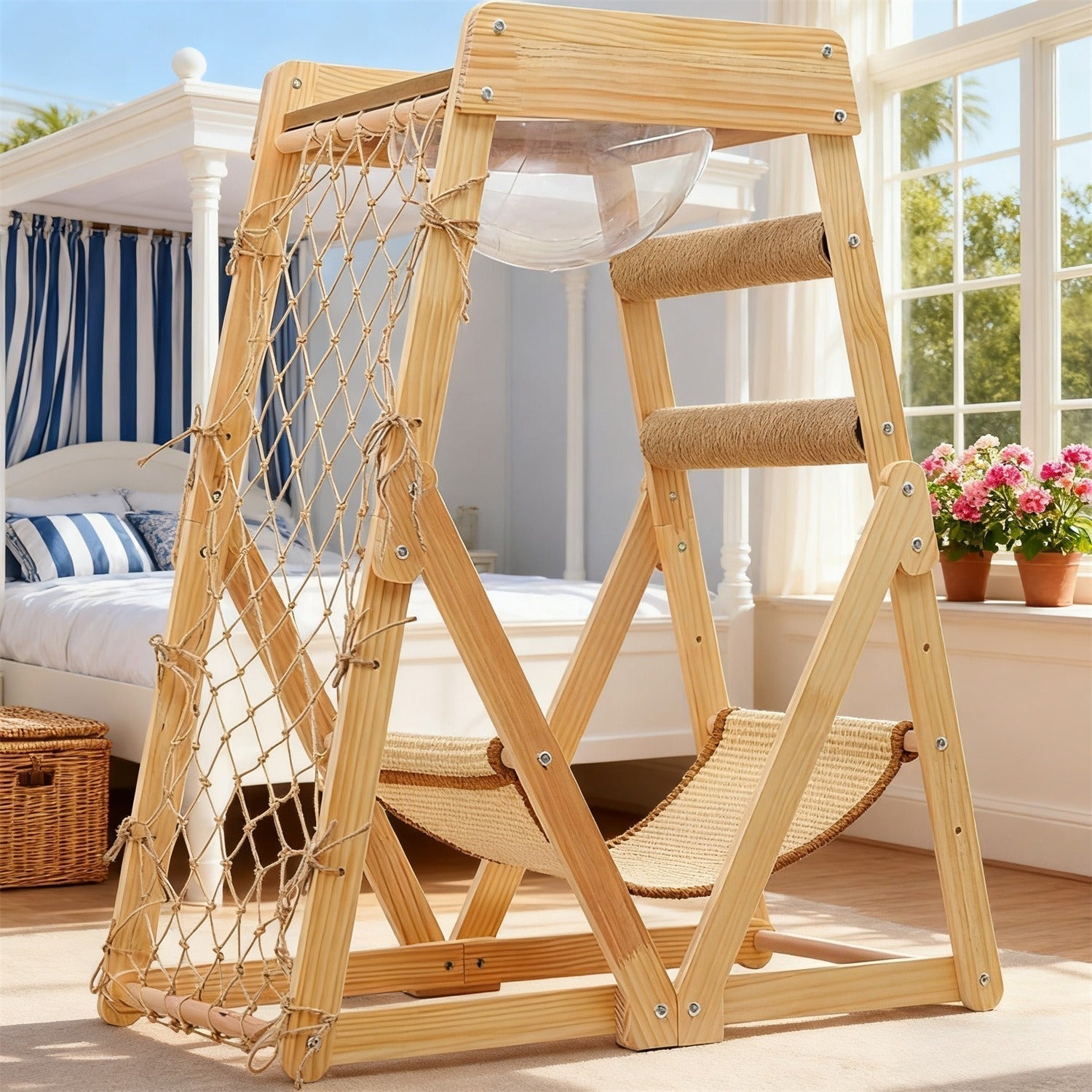 Cat Tree Triangle Cat Tower with Sisal Scratching Posts, Soft Hammock Bed & Hanging Feather Toys – Bamboo Stable Cat Climbing Tower for Indoor Cats, Kittens & Small Cats, Space-Saving Design