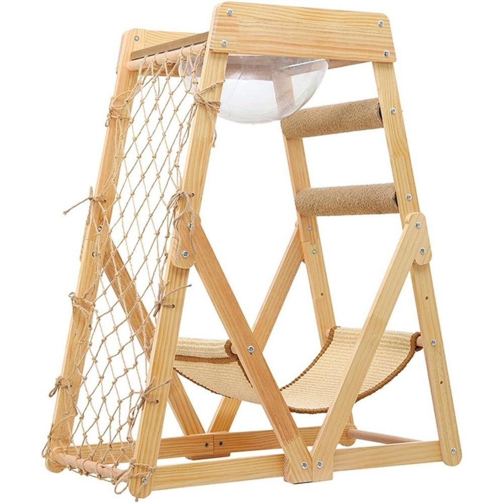 Cat Tree Triangle Cat Tower with Sisal Scratching Posts, Soft Hammock Bed & Hanging Feather Toys – Bamboo Stable Cat Climbing Tower for Indoor Cats, Kittens & Small Cats, Space-Saving Design