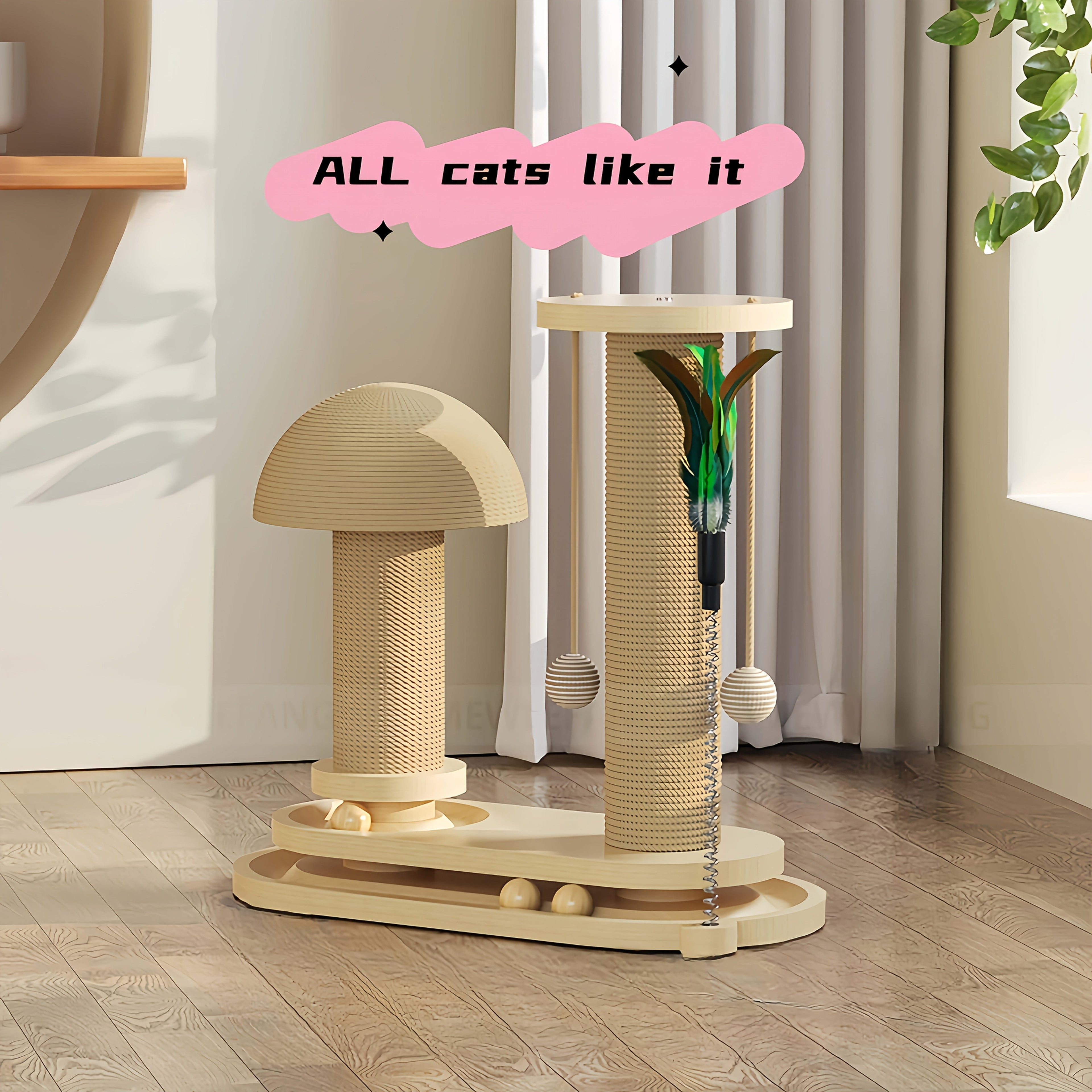 Compact Cat Tree with Sisal Scratching Post, Mushroom Hideaway, Track Balls and Small or Large Size Options