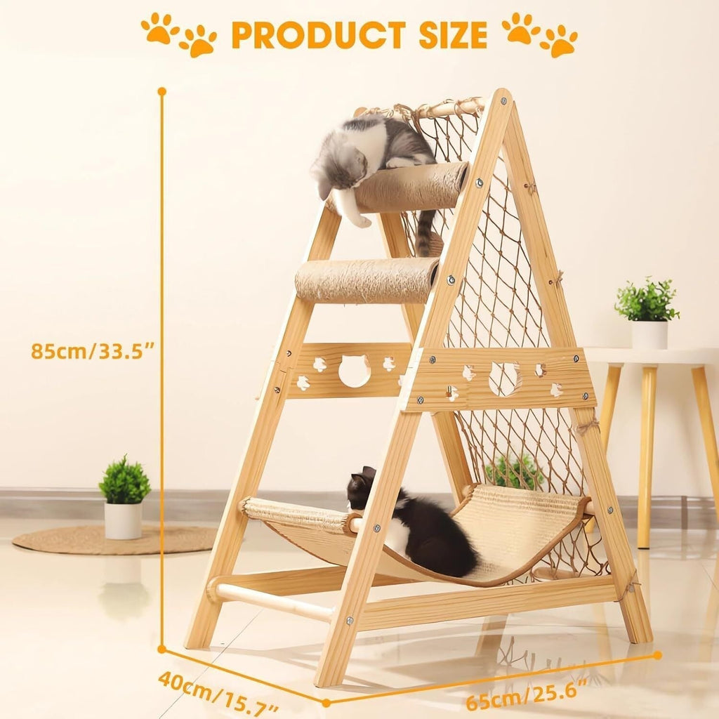 Cat Tree Triangle Cat Tower with Sisal Scratching Posts, Soft Hammock Bed & Hanging Feather Toys – Bamboo Stable Cat Climbing Tower for Indoor Cats, Kittens & Small Cats, Space-Saving Design