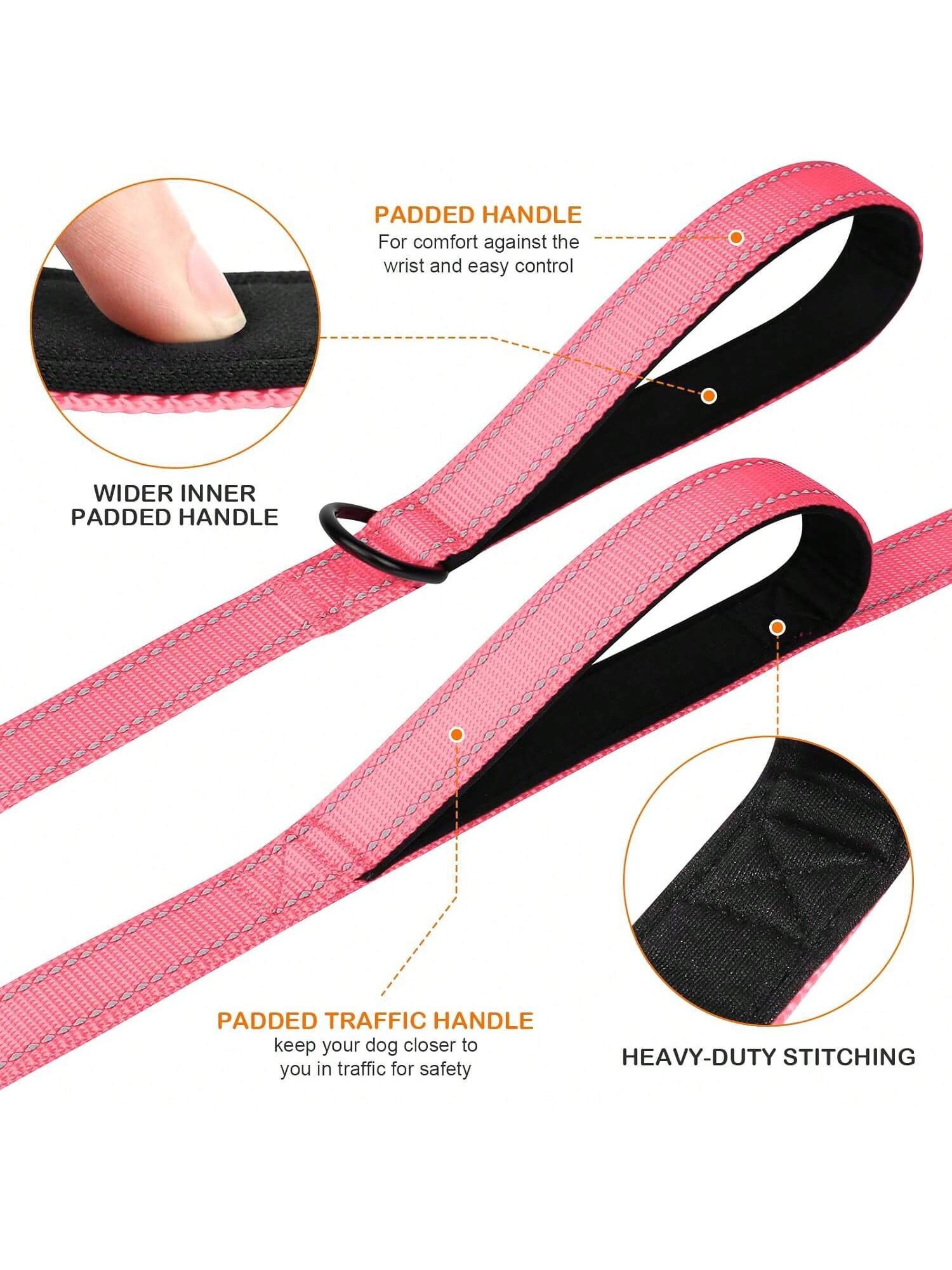 Heavy Duty Double Handle Dog Leash With Reflective Strips For Night Safety - Ideal For Large And Extra Large Breeds - Perfect For Outdoor Walking And Training