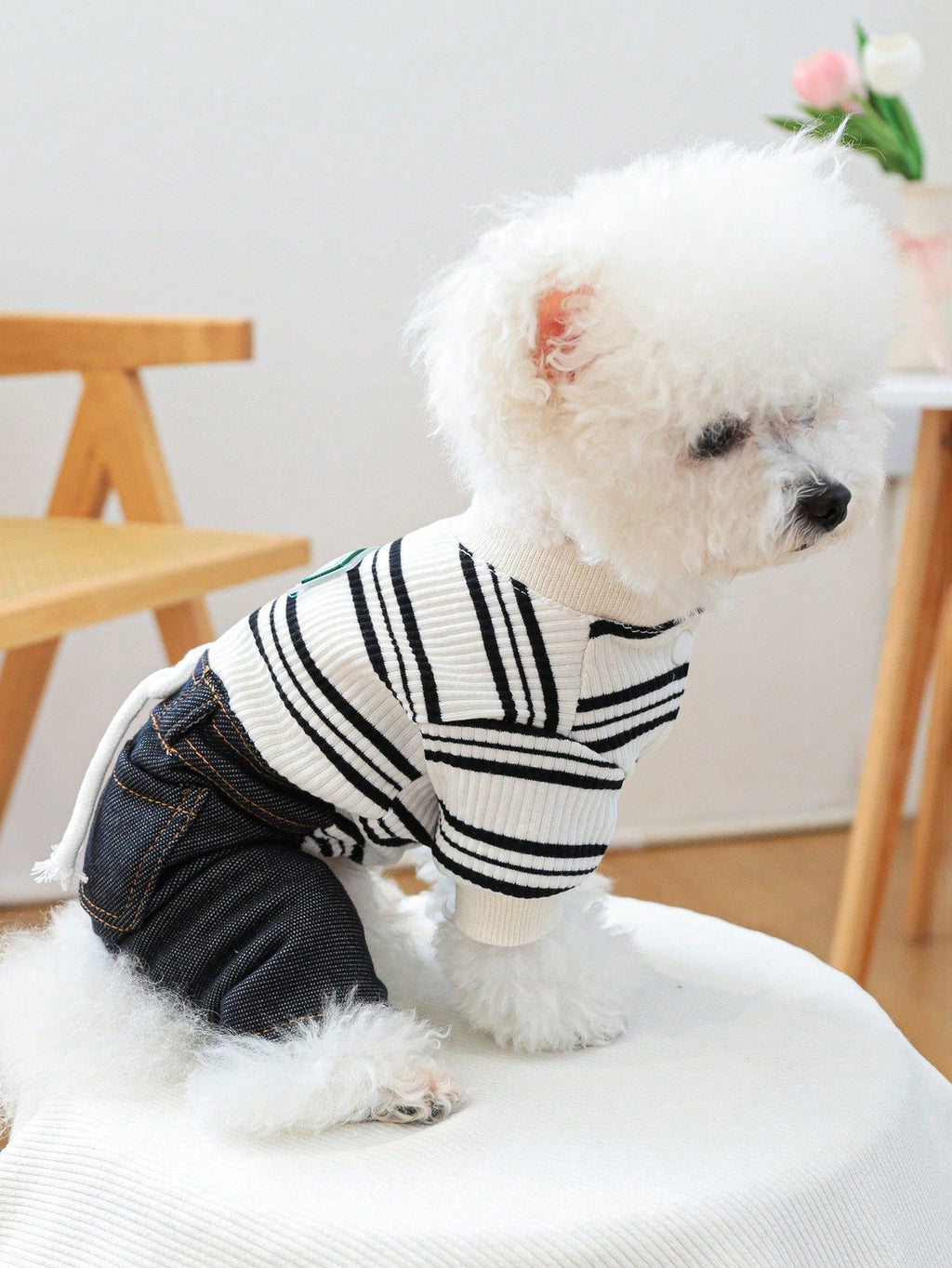 PETCIRCLE 1pc Pet Clothes Striped Denim Effect Elastic Pants For Small Medium Dogs Cats, Fashionable & Classic, Autumn/Winter New Arrival