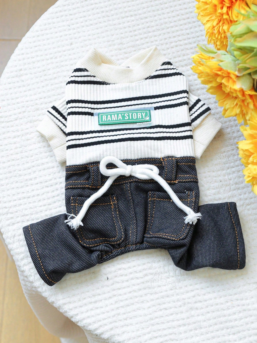 PETCIRCLE 1pc Pet Clothes Striped Denim Effect Elastic Pants For Small Medium Dogs Cats, Fashionable & Classic, Autumn/Winter New Arrival