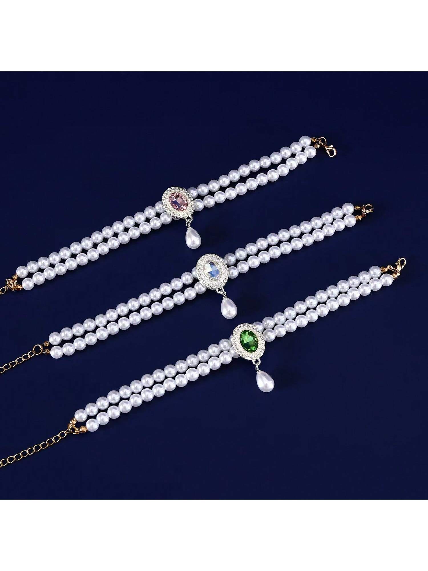 Elegant Light Luxury Small Cat Dog Double Pearl Pendant Necklace Maltese Yorkshire Poodle Noble Style Rhinestone Necklace Pet Wedding Party Collar Accessories Available In 3 Colors