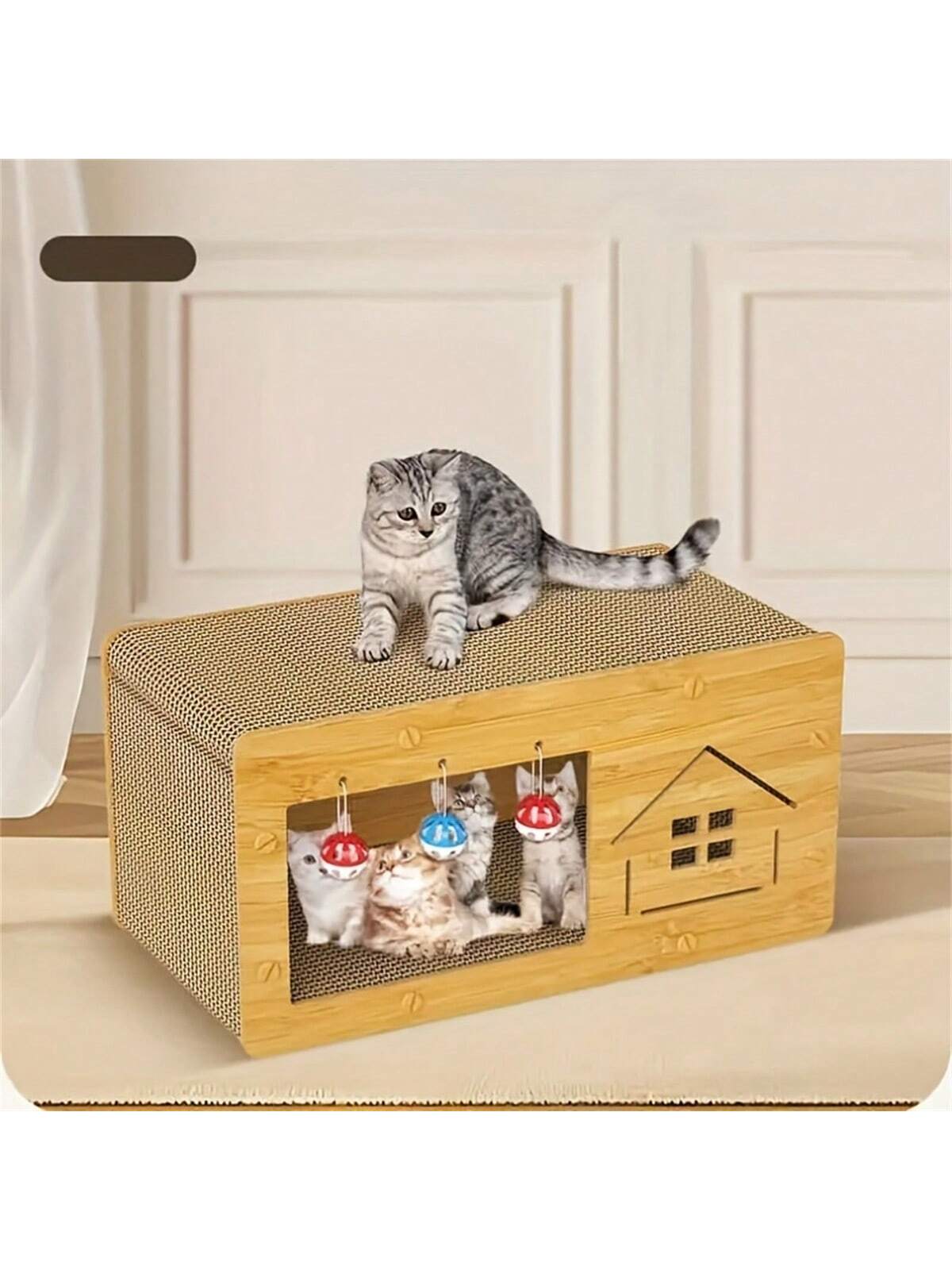 Multi-Function Cat Scratching Post & Cat Bed, Durable Cardboard, Dual-Layer, Bells, All Season Use