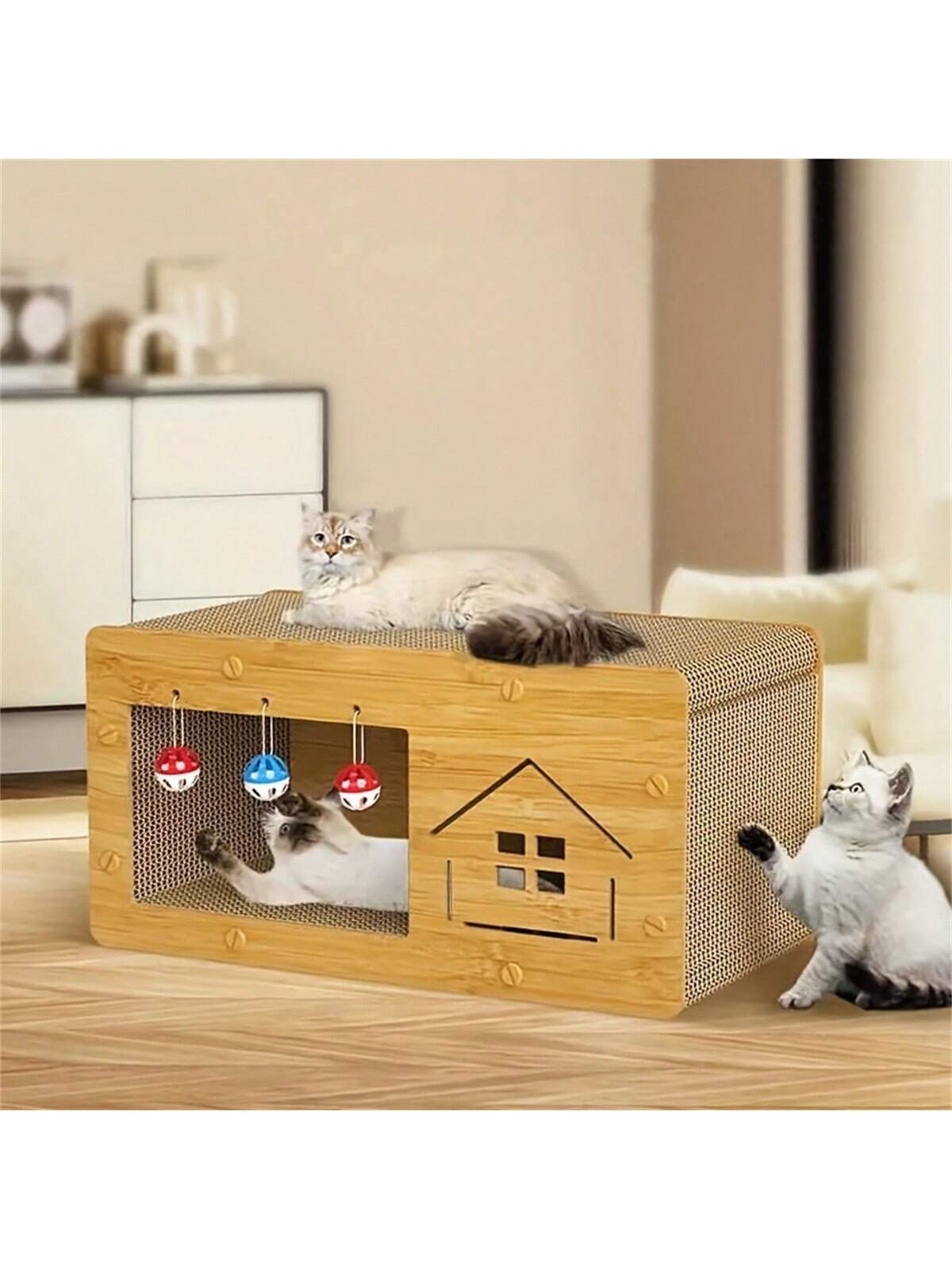 Multi-Function Cat Scratching Post & Cat Bed, Durable Cardboard, Dual-Layer, Bells, All Season Use