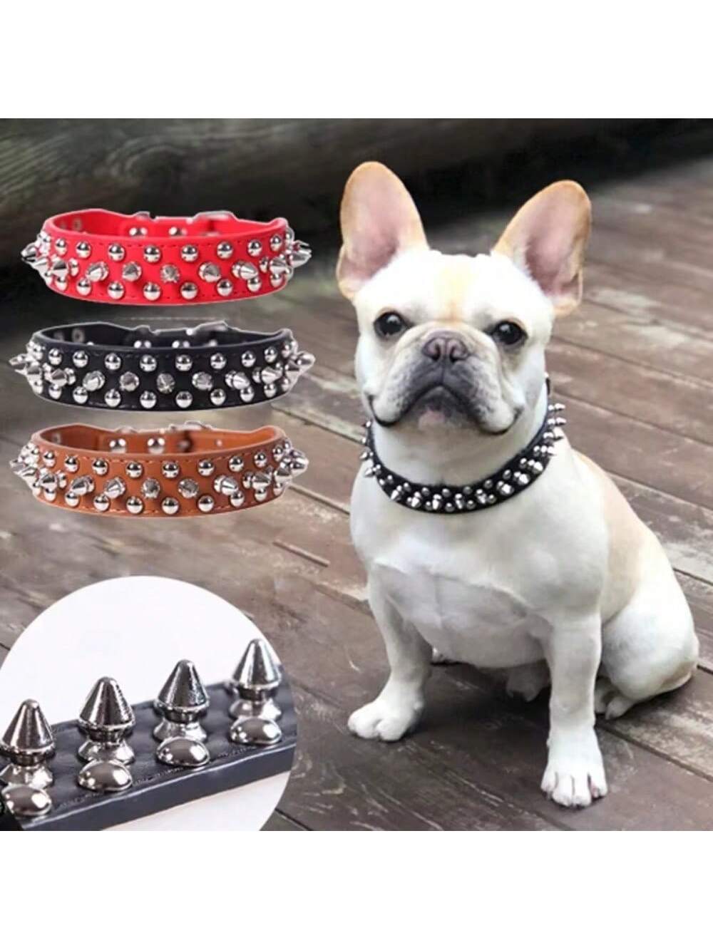 Pet Dog Collar Adjustable Leather Neck Strap Supplies PU Leather Punk Rivet Spiked Dog Collar Pet Collars For Small Medium Sized Dog, Large Dog Cat