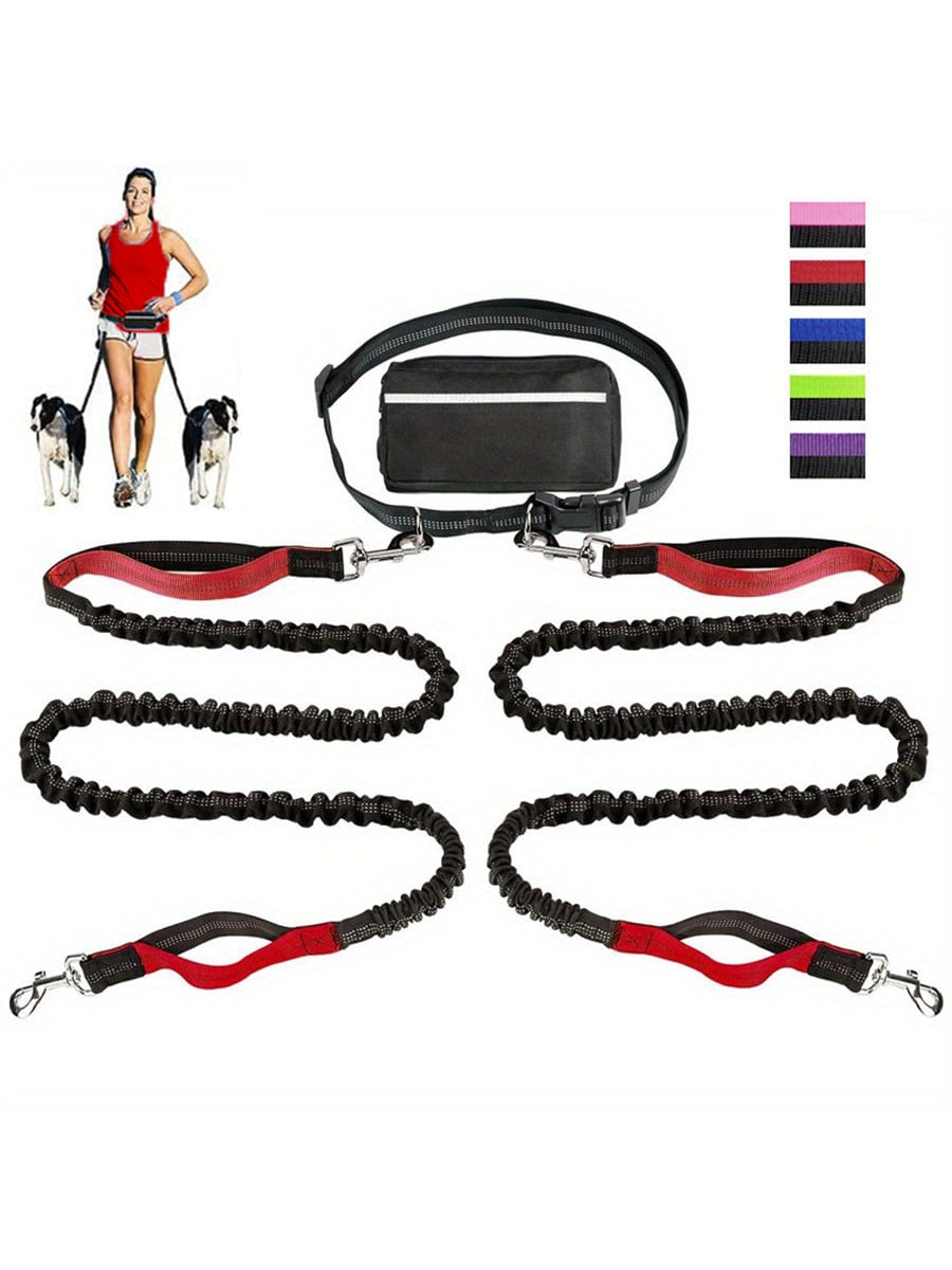 Extendable Dual-Leash Pet Dog Lead, Reflective Sports Waist Pack Leash, Adjustable Waistband, Outdoor Training Running Dog Harness