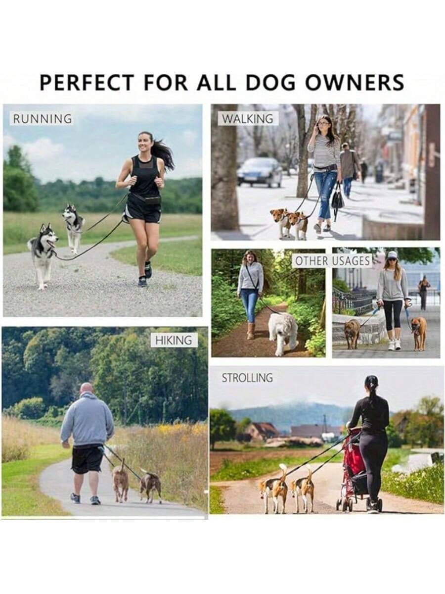Extendable Dual-Leash Pet Dog Lead, Reflective Sports Waist Pack Leash, Adjustable Waistband, Outdoor Training Running Dog Harness