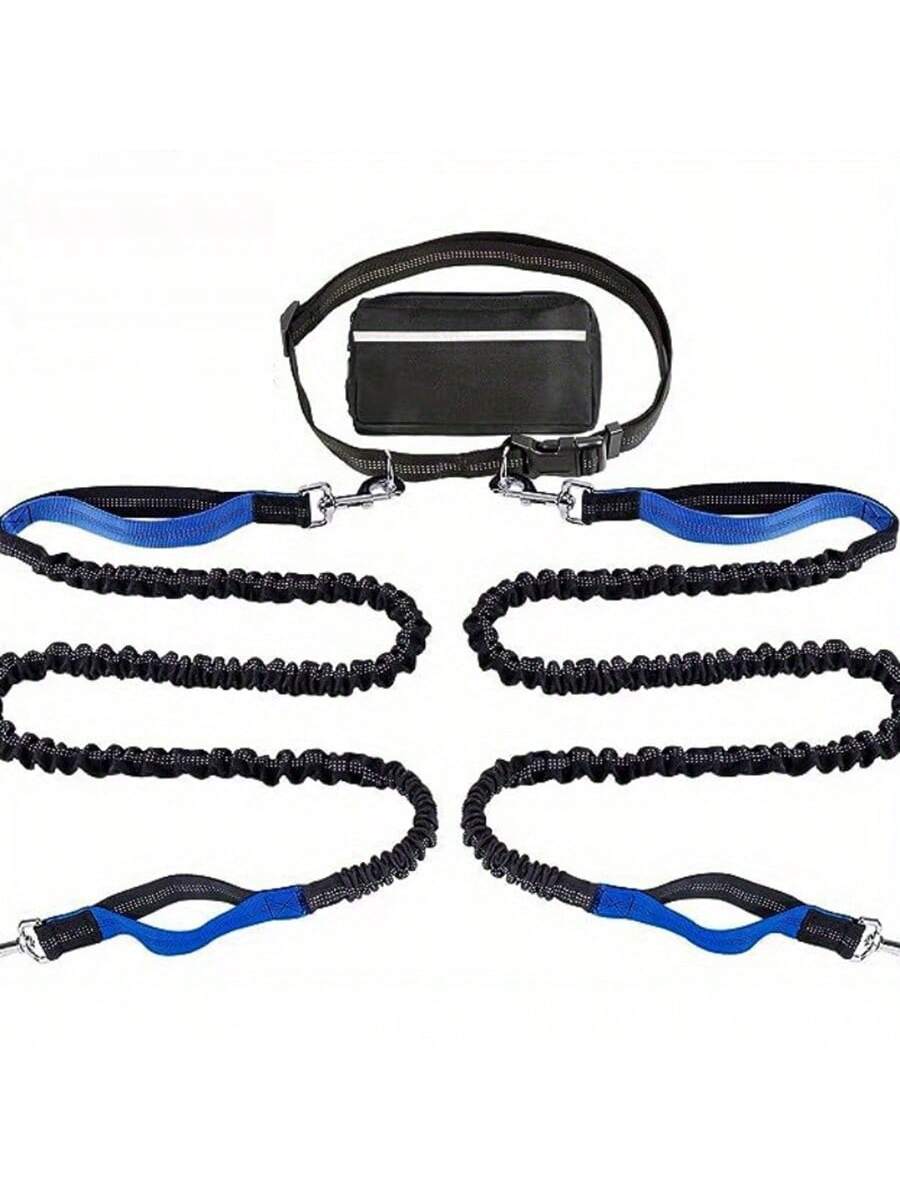 Extendable Dual-Leash Pet Dog Lead, Reflective Sports Waist Pack Leash, Adjustable Waistband, Outdoor Training Running Dog Harness