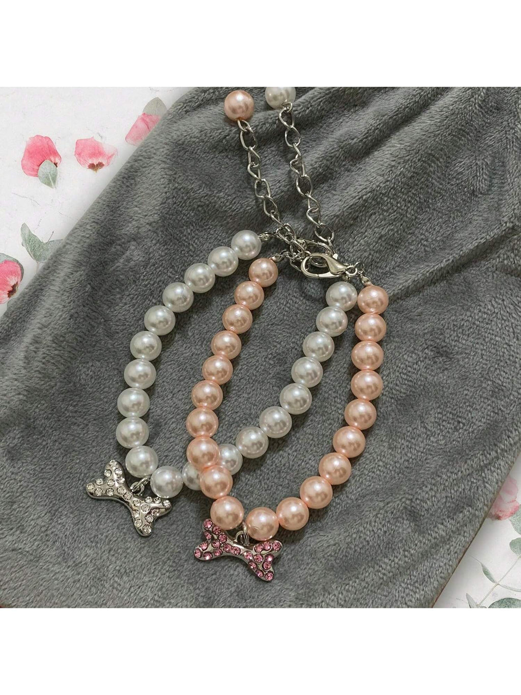 Dog Cat Pearl Collar Necklace With Rhinestone Bone, Fancy Cat Wedding Collar Jewelry For Girl Cat Puppy Dogs Accessories