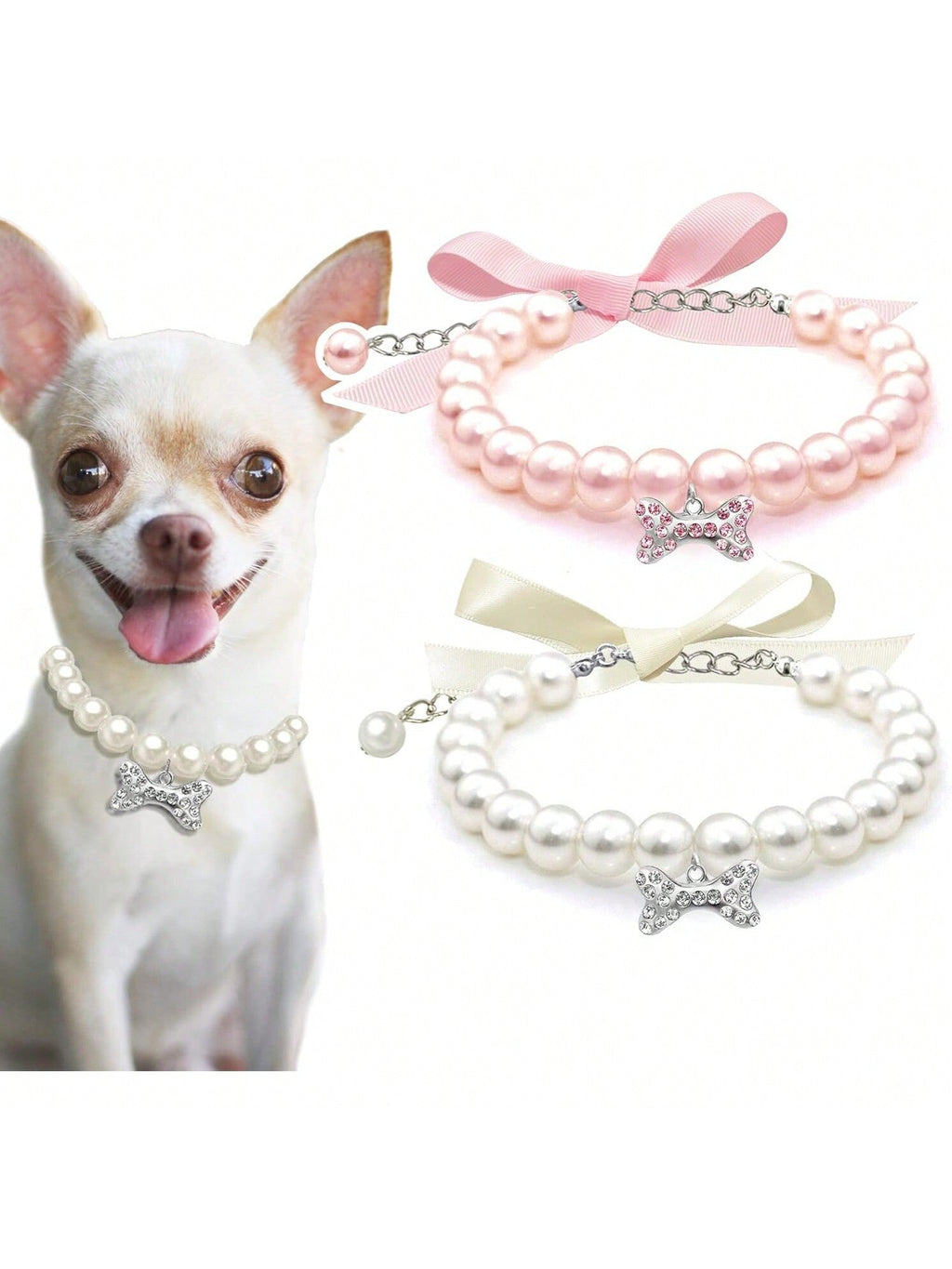 Dog Cat Pearl Collar Necklace With Rhinestone Bone, Fancy Cat Wedding Collar Jewelry For Girl Cat Puppy Dogs Accessories