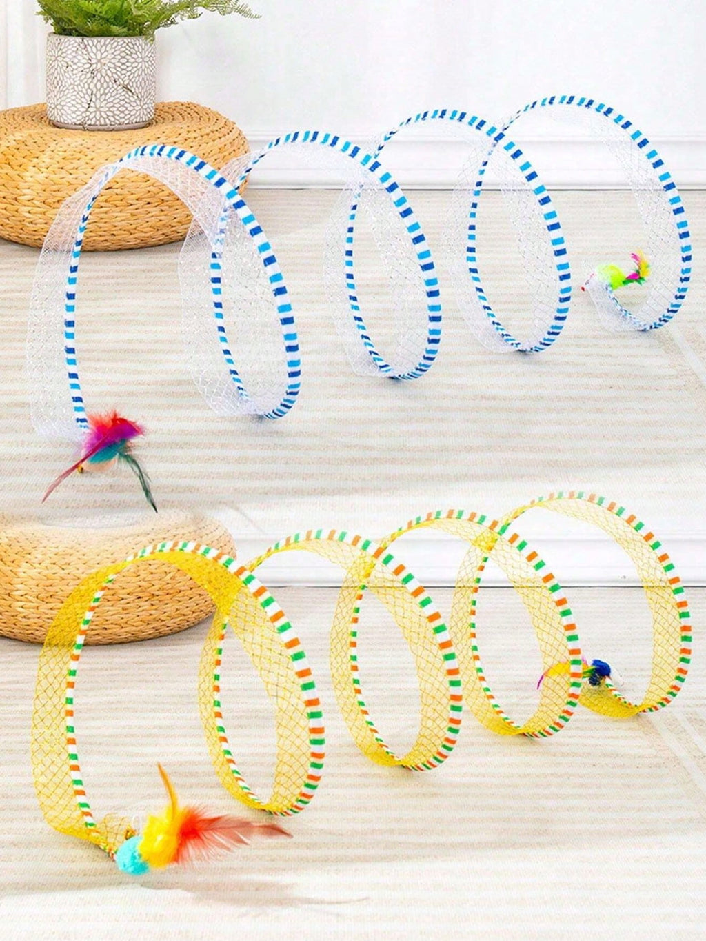 Pack Of 1 / Pack Of 2 - S-Shape Cat Tunnel Toy, Wire Mesh & Gauze Patchwork Design, Foldable With Sound Effect, Suitable For Indoor Family Entertainment & Stress Relief