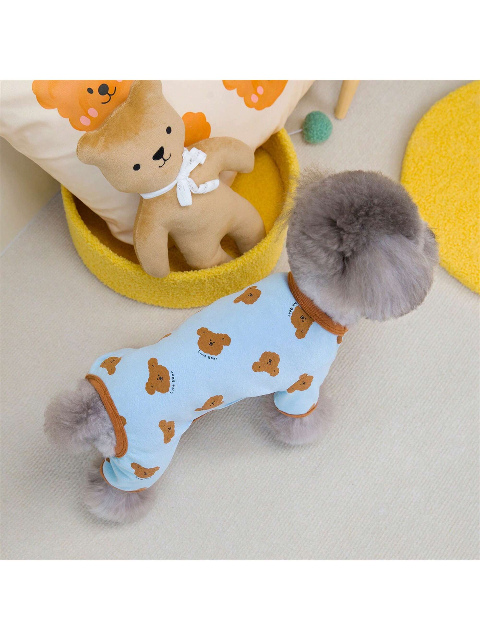Dog Pajamas Soft Cute Contrast Color Bear Pattern Four-Legged Pullover Dog Sweatshirts