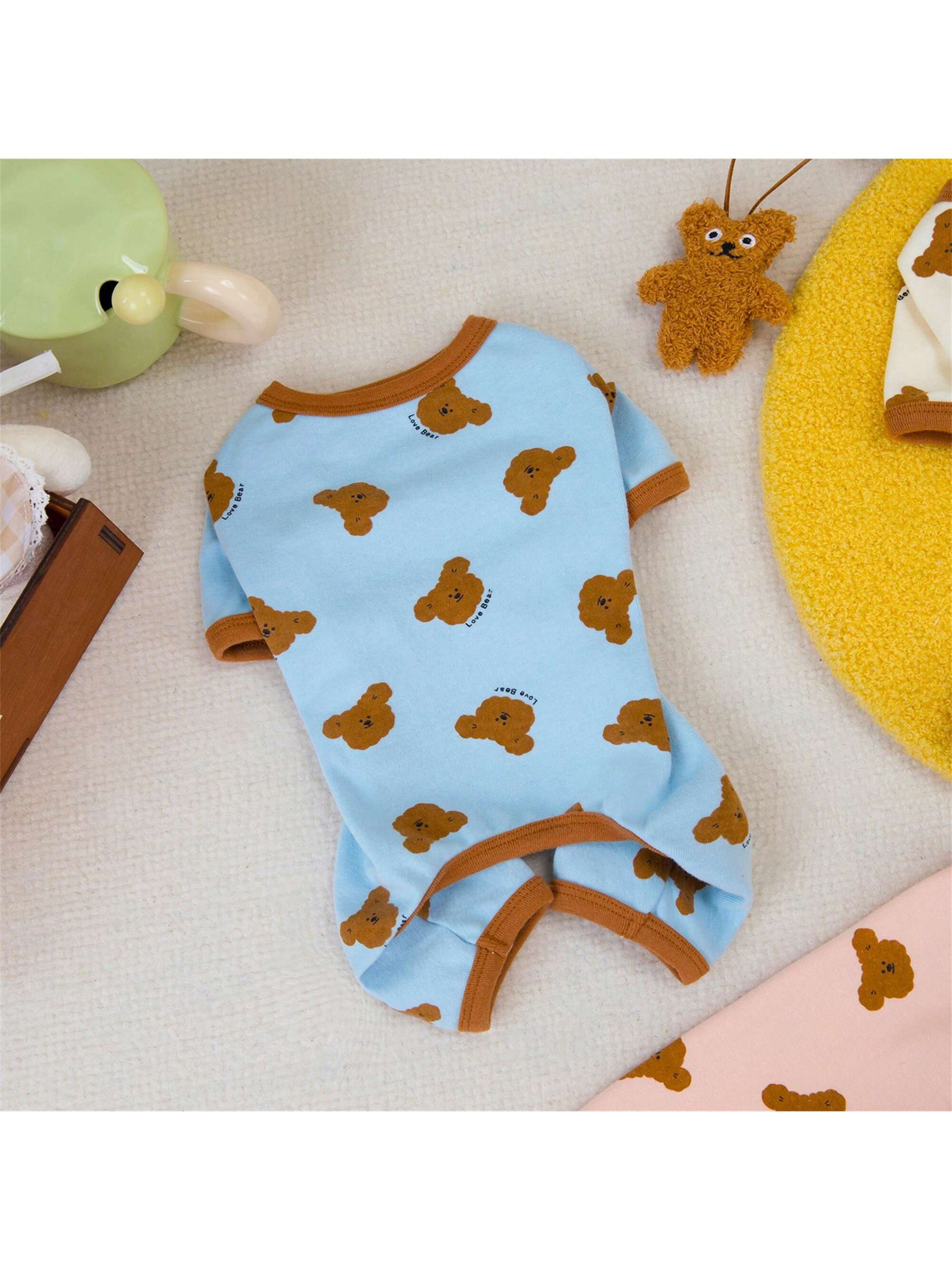 Dog Pajamas Soft Cute Contrast Color Bear Pattern Four-Legged Pullover Dog Sweatshirts