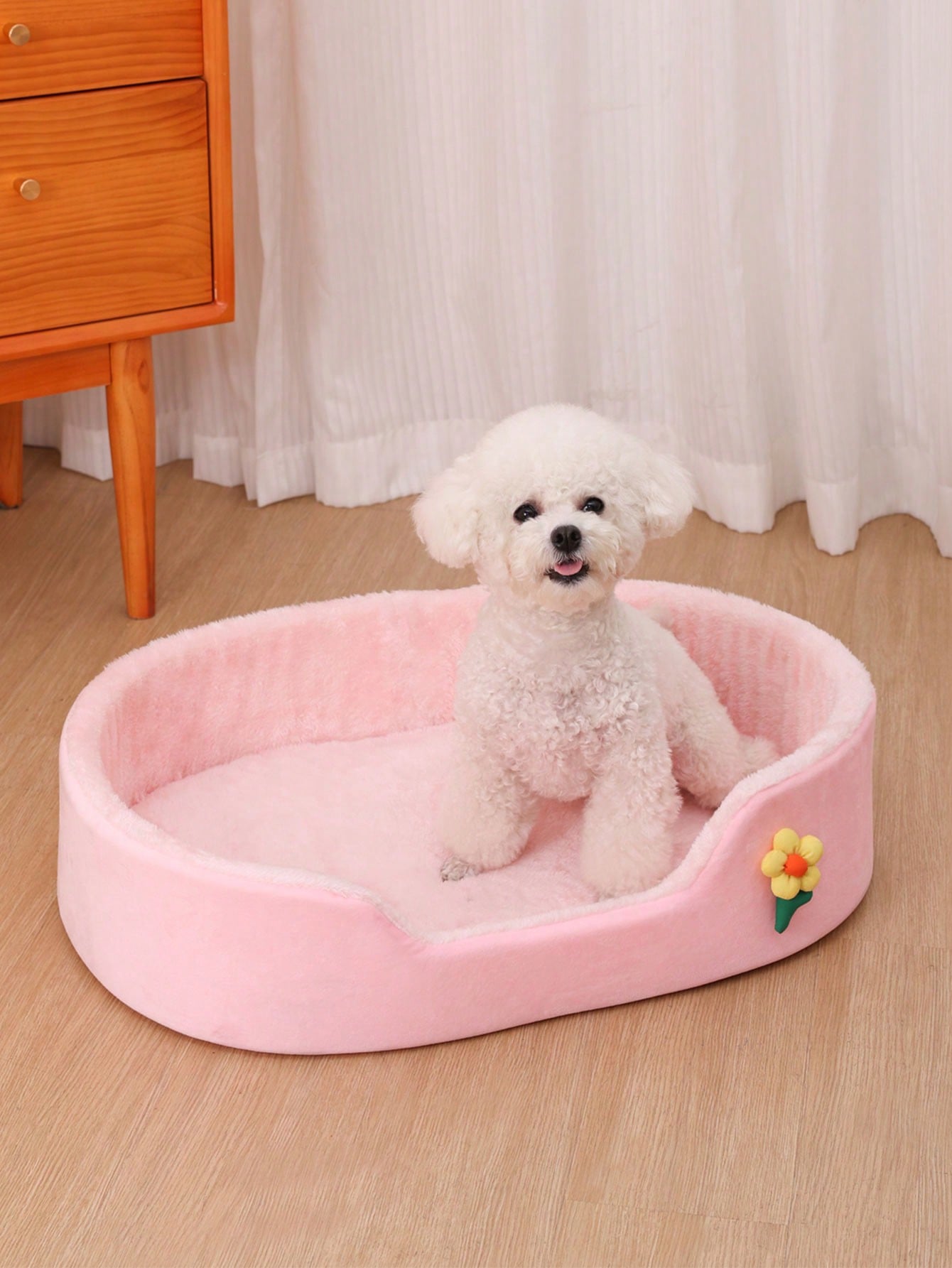 1pc Thick Soft Oval Pet Bed With Flower Decor, Comfortable Non-Slip Waterproof Oval Pet Bed Suitable For Medium/Small Cats & Dogs