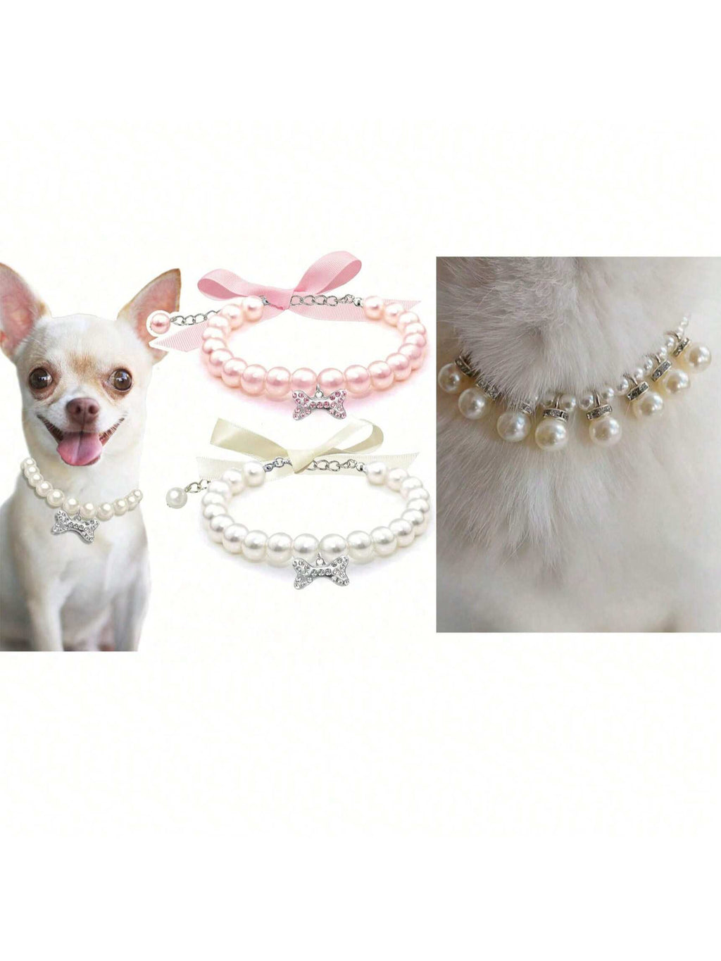 Dog Cat Pearl Collar Necklace With Rhinestone Bone, Fancy Cat Wedding Collar Jewelry For Girl Cat Puppy Dogs Accessories