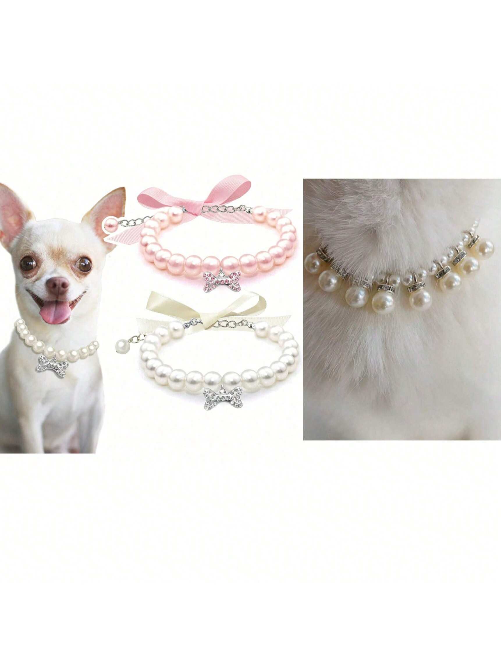Dog Cat Pearl Collar Necklace With Rhinestone Bone, Fancy Cat Wedding Collar Jewelry For Girl Cat Puppy Dogs Accessories