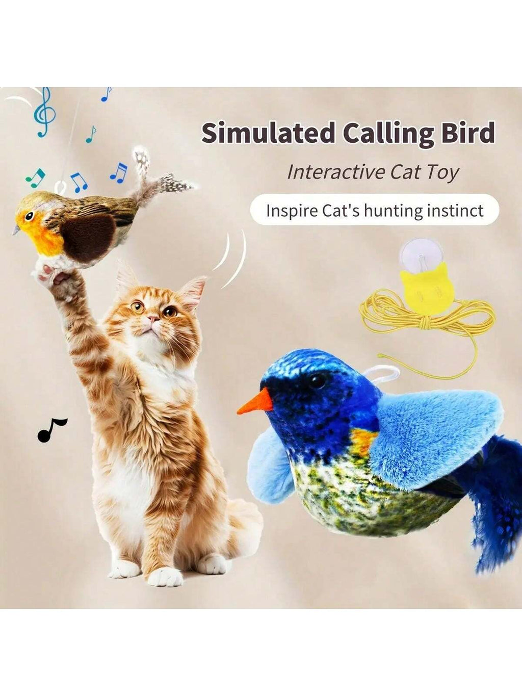 1pc Interactive Cat Toy With Realistic Bird Sounds - No Battery Required, Hanging And Detachable Plaything - Made Of Synthetic Polyester Feathers, Bird Sound Simulation Wand Accessory Suitable For All Cat Breeds