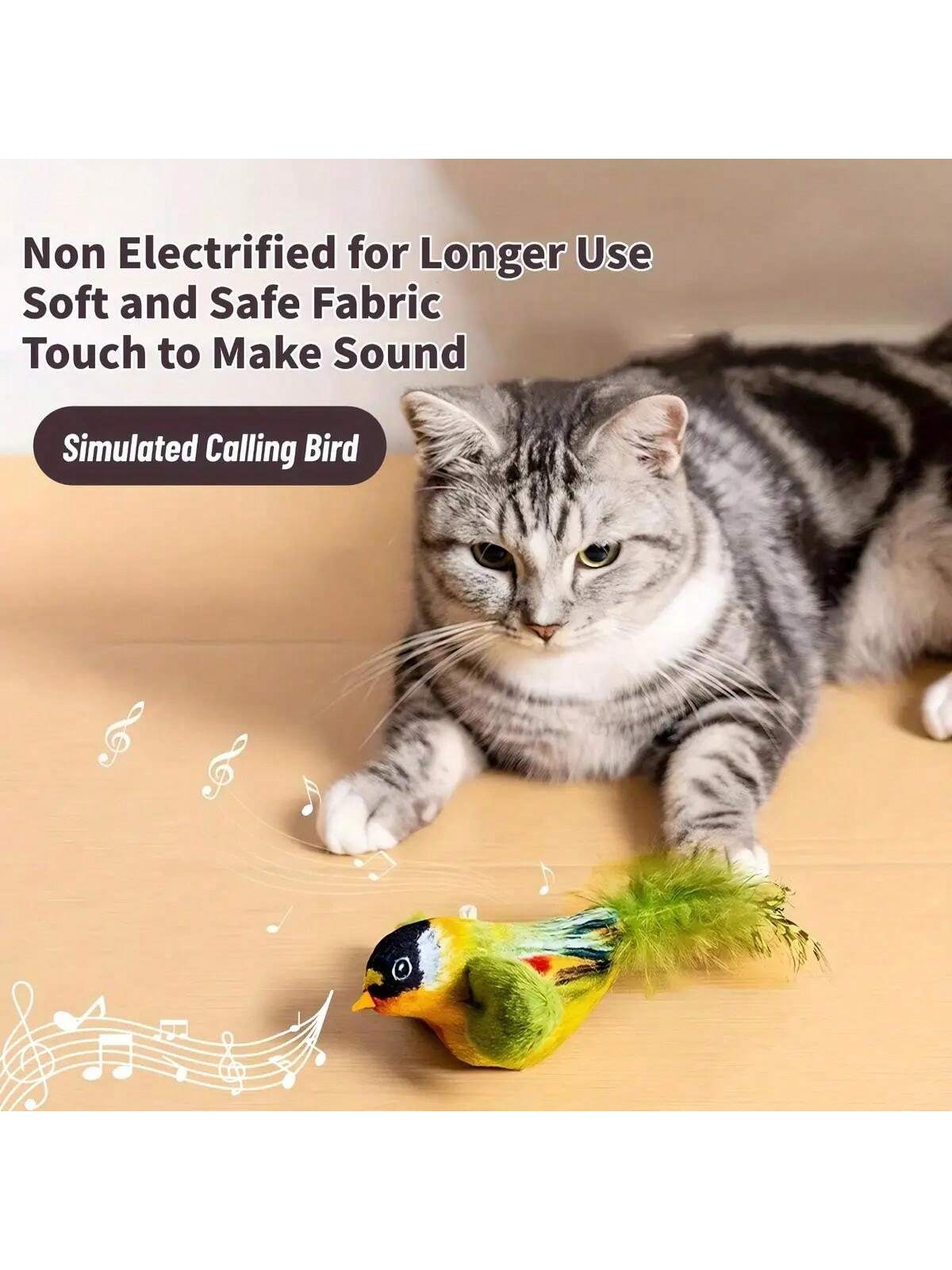 1pc Interactive Cat Toy With Realistic Bird Sounds - No Battery Required, Hanging And Detachable Plaything - Made Of Synthetic Polyester Feathers, Bird Sound Simulation Wand Accessory Suitable For All Cat Breeds