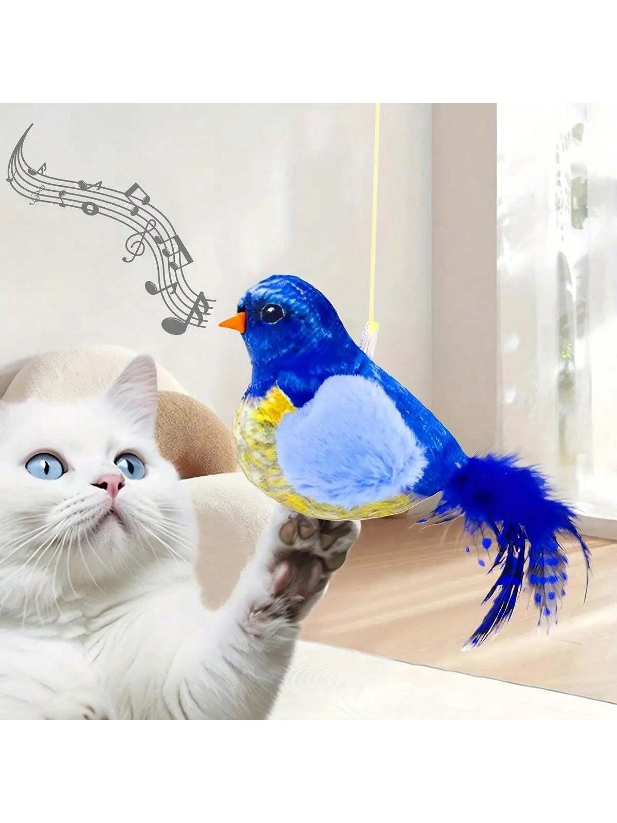1pc Interactive Cat Toy With Realistic Bird Sounds - No Battery Required, Hanging And Detachable Plaything - Made Of Synthetic Polyester Feathers, Bird Sound Simulation Wand Accessory Suitable For All Cat Breeds