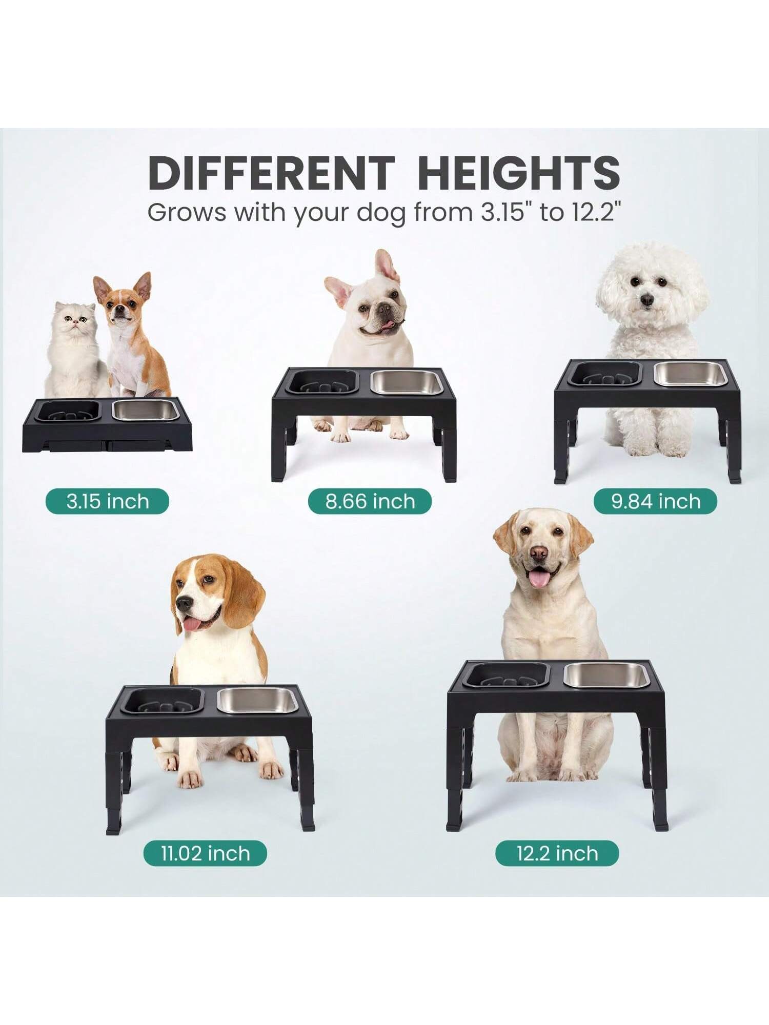 Niubya Elevated Dog Bowls With 2 Stainless Steel Dog Food Bowls, Raised Dog Bowl Adjusts To 5 Heights (3.15", 8.66", 9.84",11.02", 12.2") For Small Medium And Large Dogs