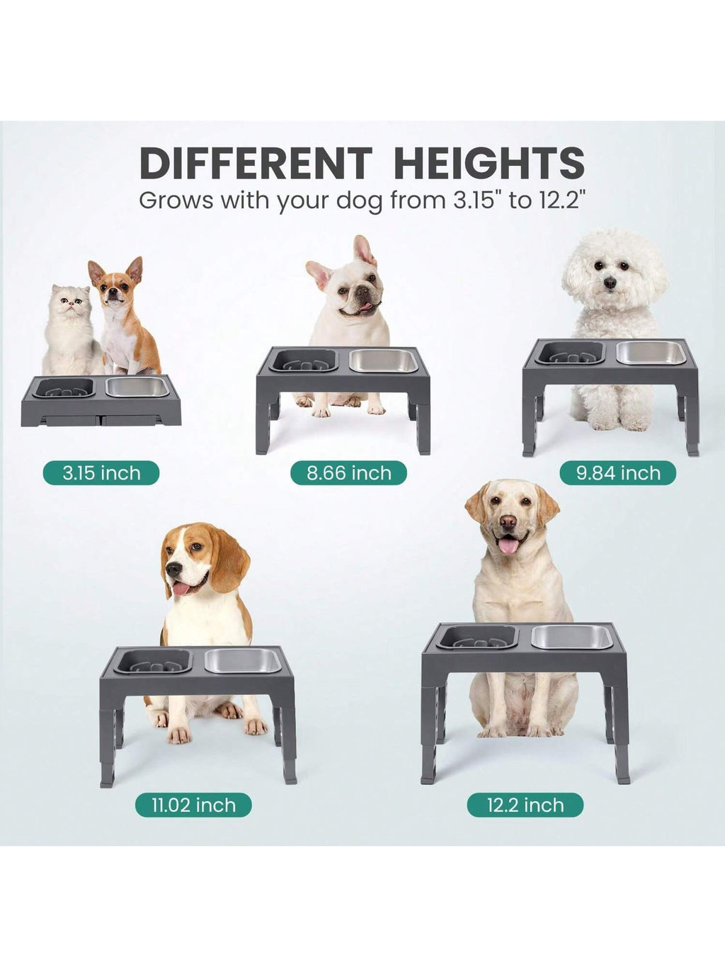 Niubya Elevated Dog Bowls With 2 Stainless Steel Dog Food Bowls, Raised Dog Bowl Adjusts To 5 Heights (3.15", 8.66", 9.84",11.02", 12.2") For Small Medium And Large Dogs