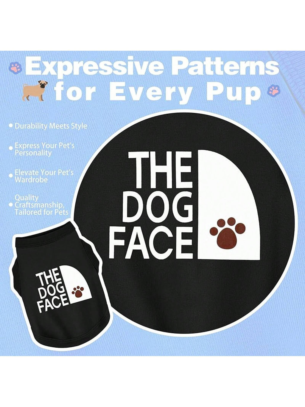 Personality Canine Attire: Soft, Lightweight Cotton Dog Clothes With 'The Dog Face' Print. Small And Medium Breeds, Everyday Wear, Comfortable And Breathable Dog Shirt