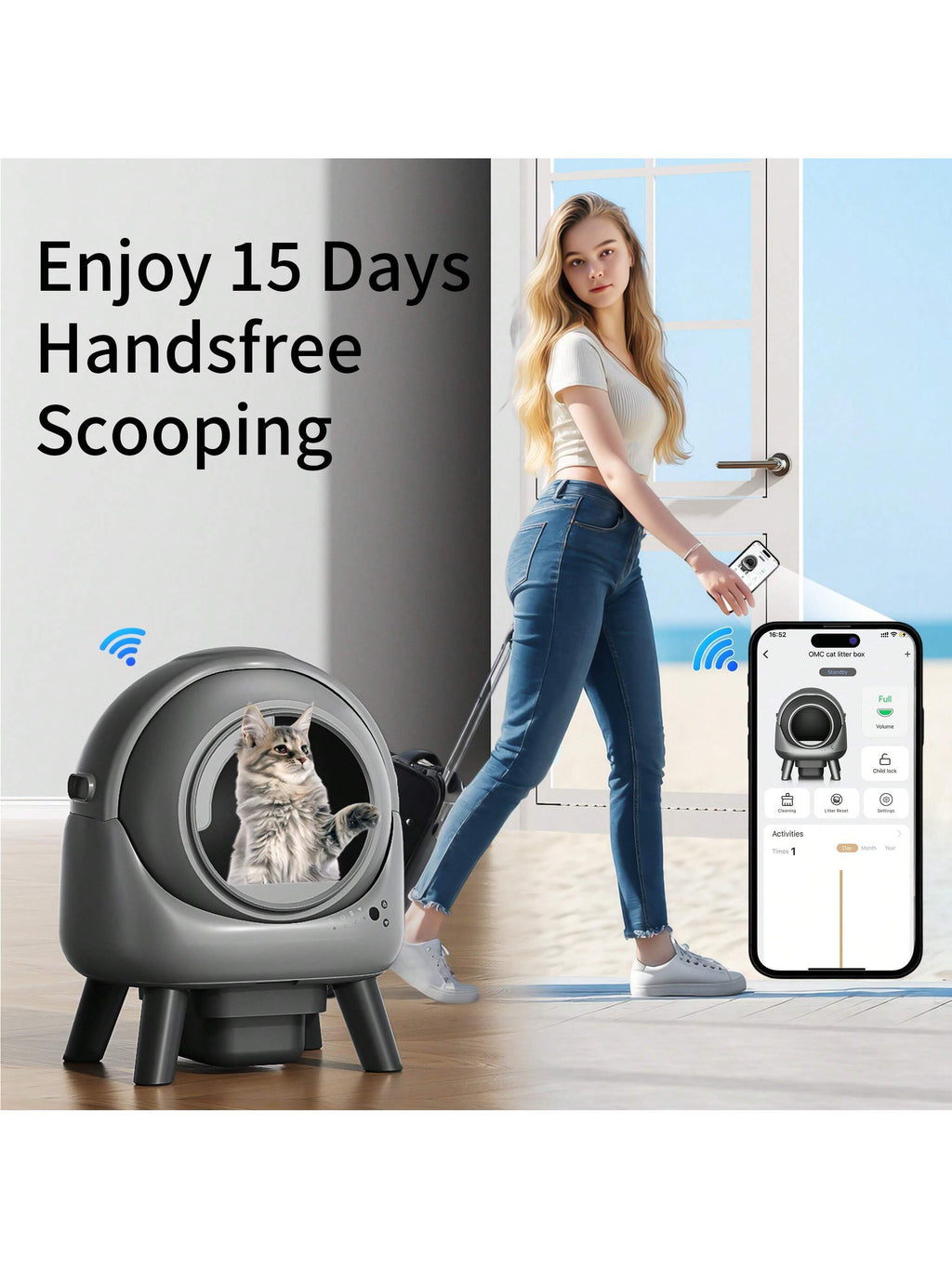 Self Cleaning Litter Box Automatic Litter Box XXL Odor Control 65L APP Cat Litter-Robot For Multiple Cats, Safety Sensors, W/Cat Litter Liner