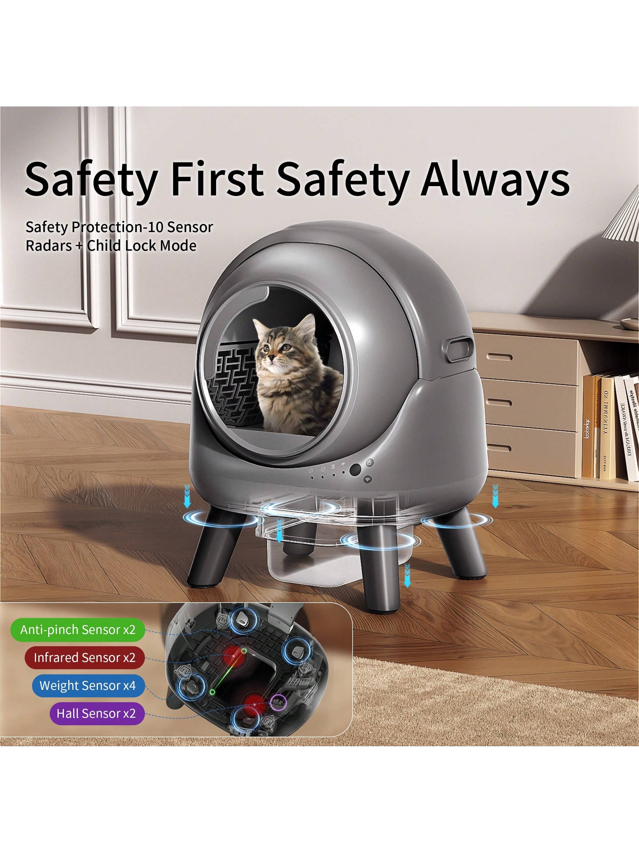 Self Cleaning Litter Box Automatic Litter Box XXL Odor Control 65L APP Cat Litter-Robot For Multiple Cats, Safety Sensors, W/Cat Litter Liner