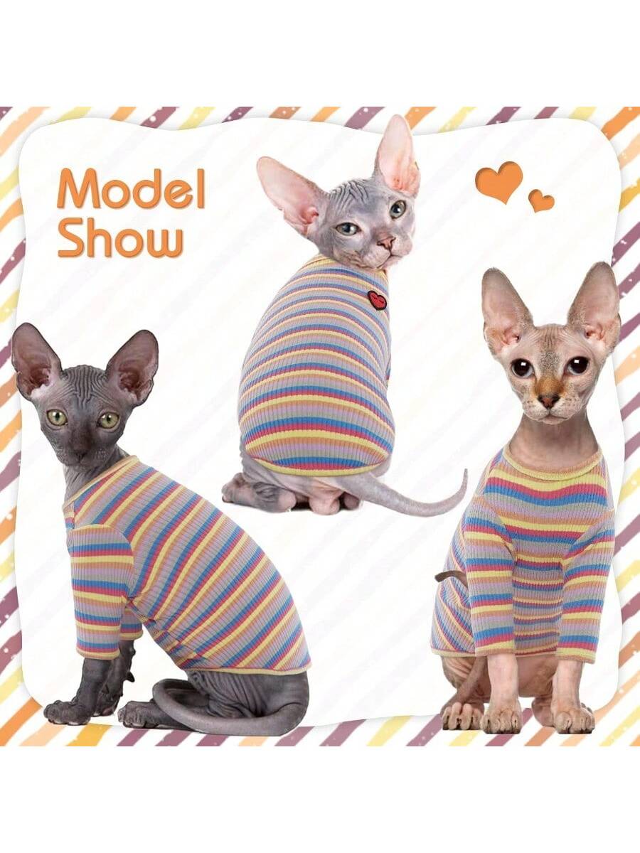 Long Haired Cat Summer ClothingHairless Cats Shirt Breathable Cat Daily Wear Clothes Stripe Vest Adorable Pajamas Jumpsuit Soft SkinFriendly