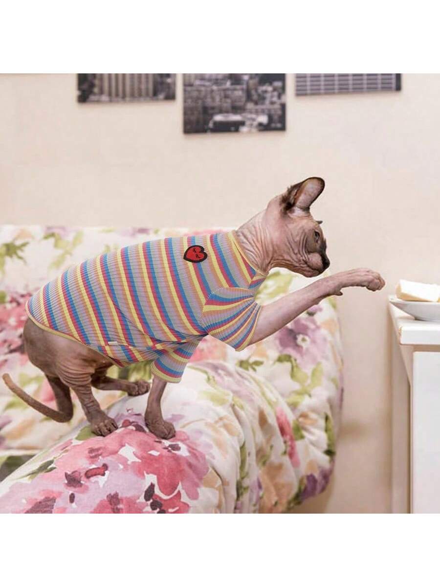 Long Haired Cat Summer ClothingHairless Cats Shirt Breathable Cat Daily Wear Clothes Stripe Vest Adorable Pajamas Jumpsuit Soft SkinFriendly