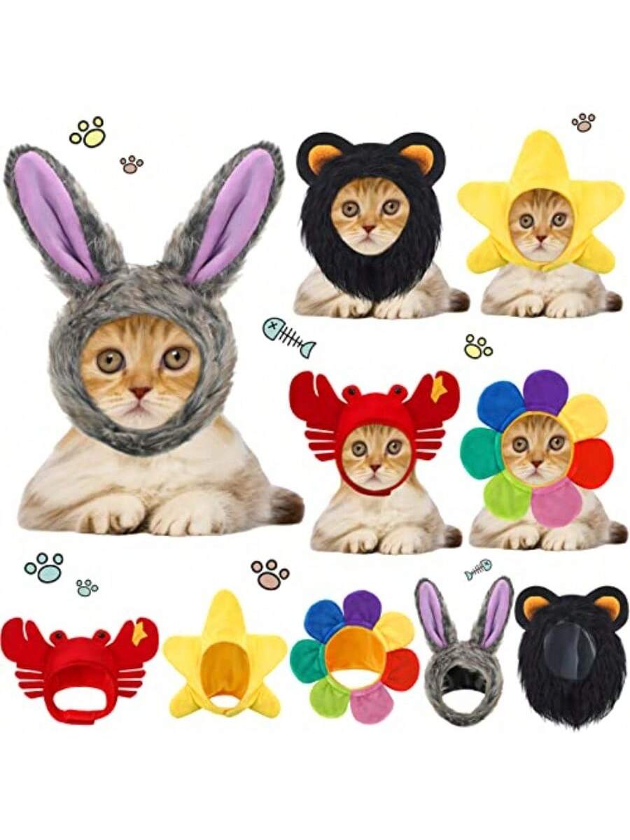 CGLLCute Pet Headwear5 Pieces Cat Hat Dog Costume Cute Bunny Rabbit Hat With Ears Headwear Lion Mane Cap Valentine New Years Day Party Accessory For Kitten Puppy Dress Up Adjustable Birthday PartyLHCG5102