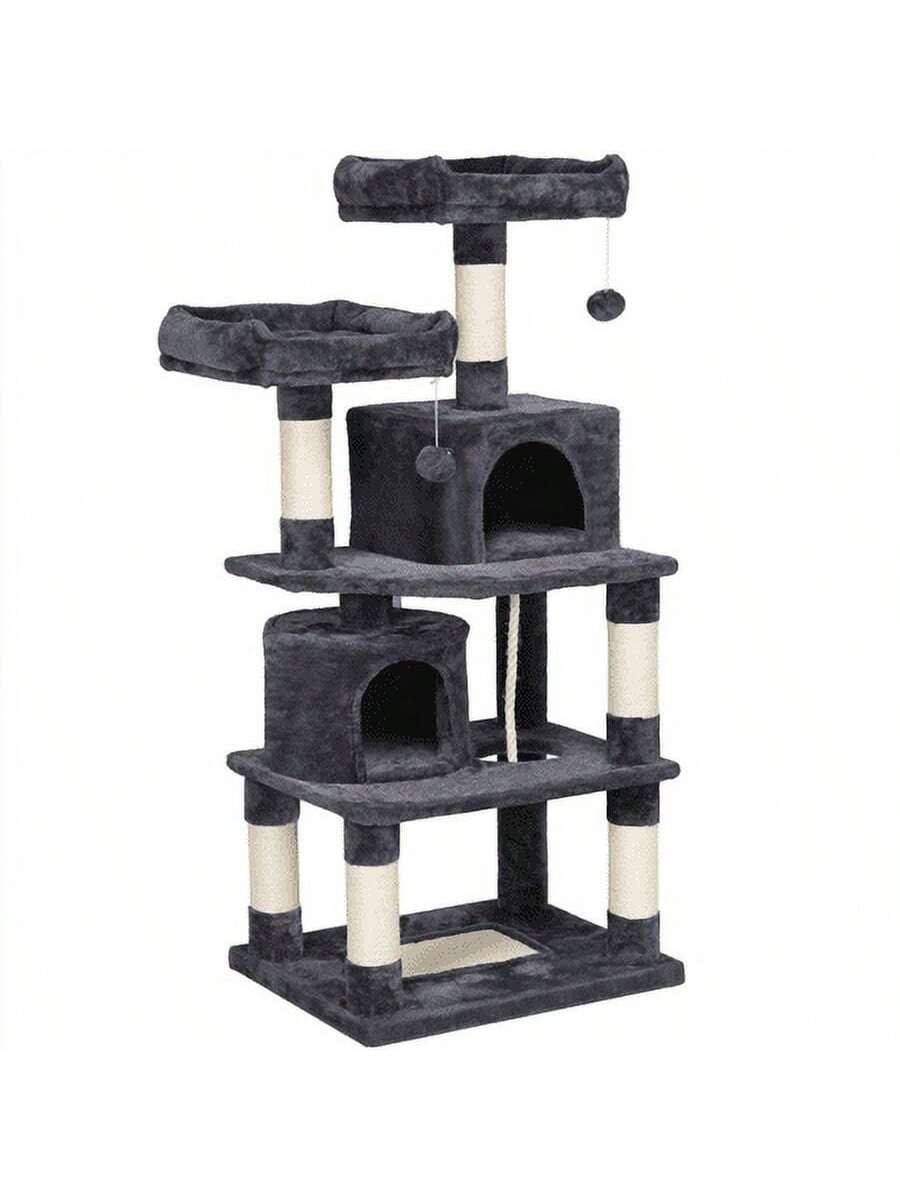 62.5" Tall Double Condo Cat Tree And Scratching Post Tower, Dark Gray
