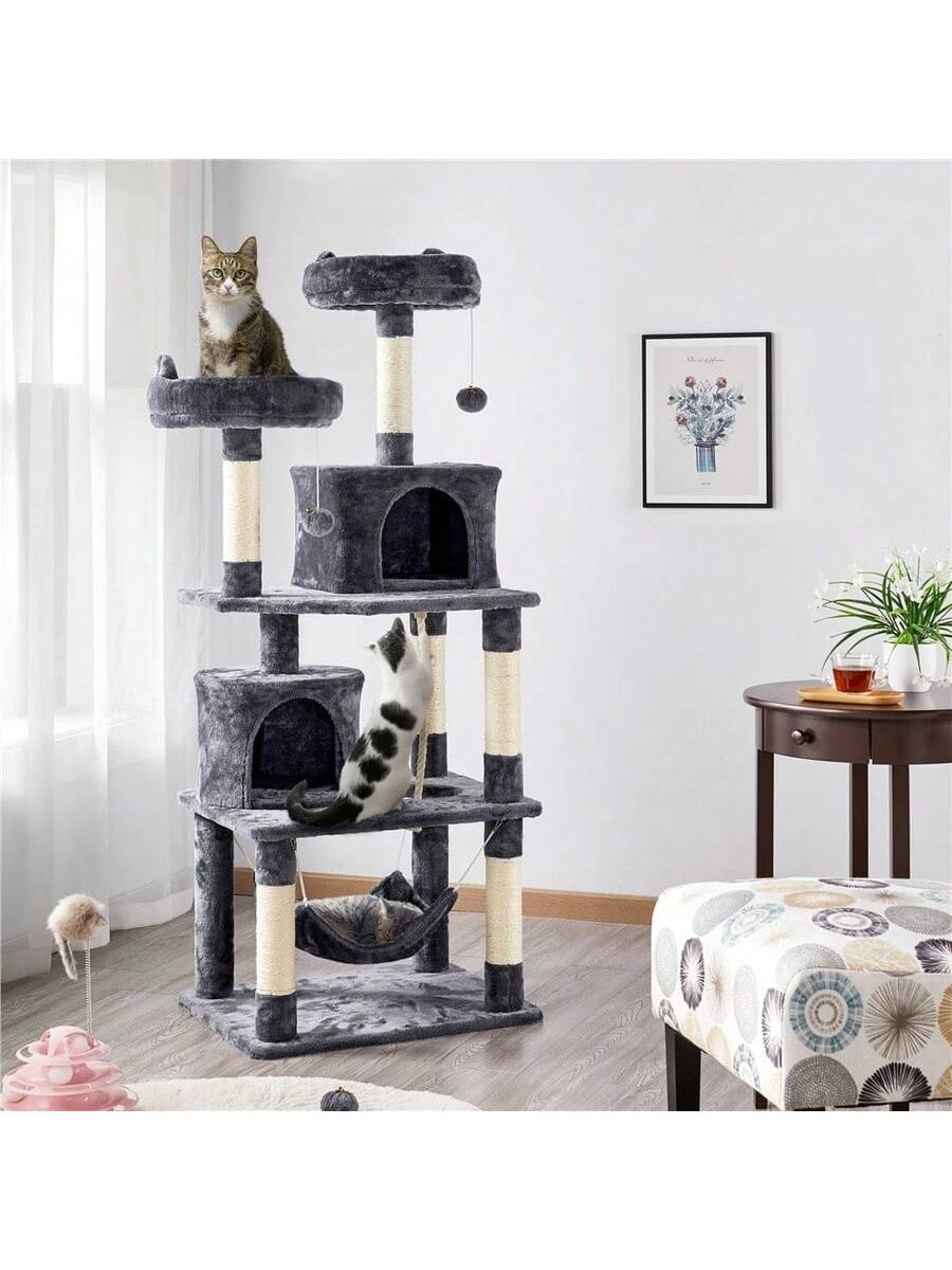 62.5" Tall Double Condo Cat Tree And Scratching Post Tower, Dark Gray