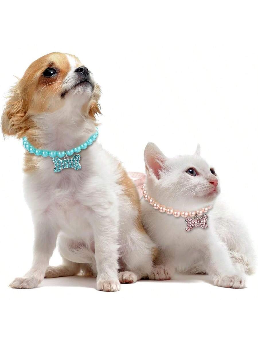 CGLLCute Cat And Dog Necklace5 Pcs Pet Pearl Necklace Diamond Crystal Dog Pearl Necklace Collars With Bling Rhinestones Bone Dog Cat Jewelry Set Wedding Collar For Puppy Pets S LHCG5102