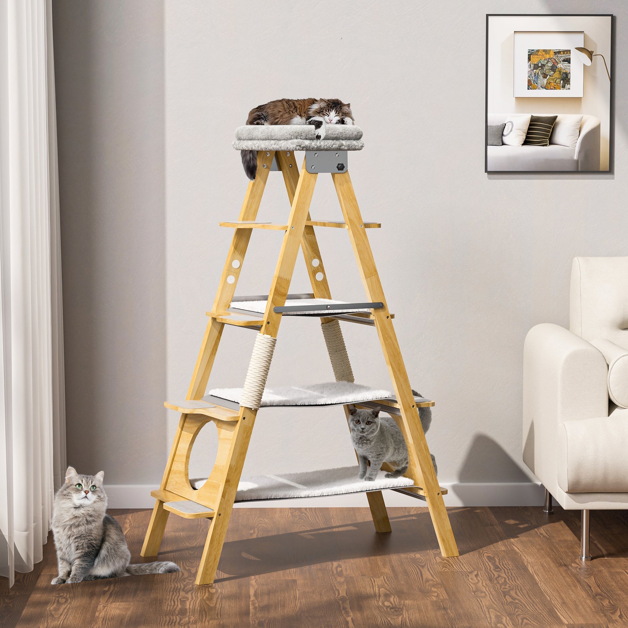 GDLF Modern Solid Wood Cat Tree Foldable Ladder Design with Cat Hammock & Sisal Scratch Post Easy Clean 60"H
