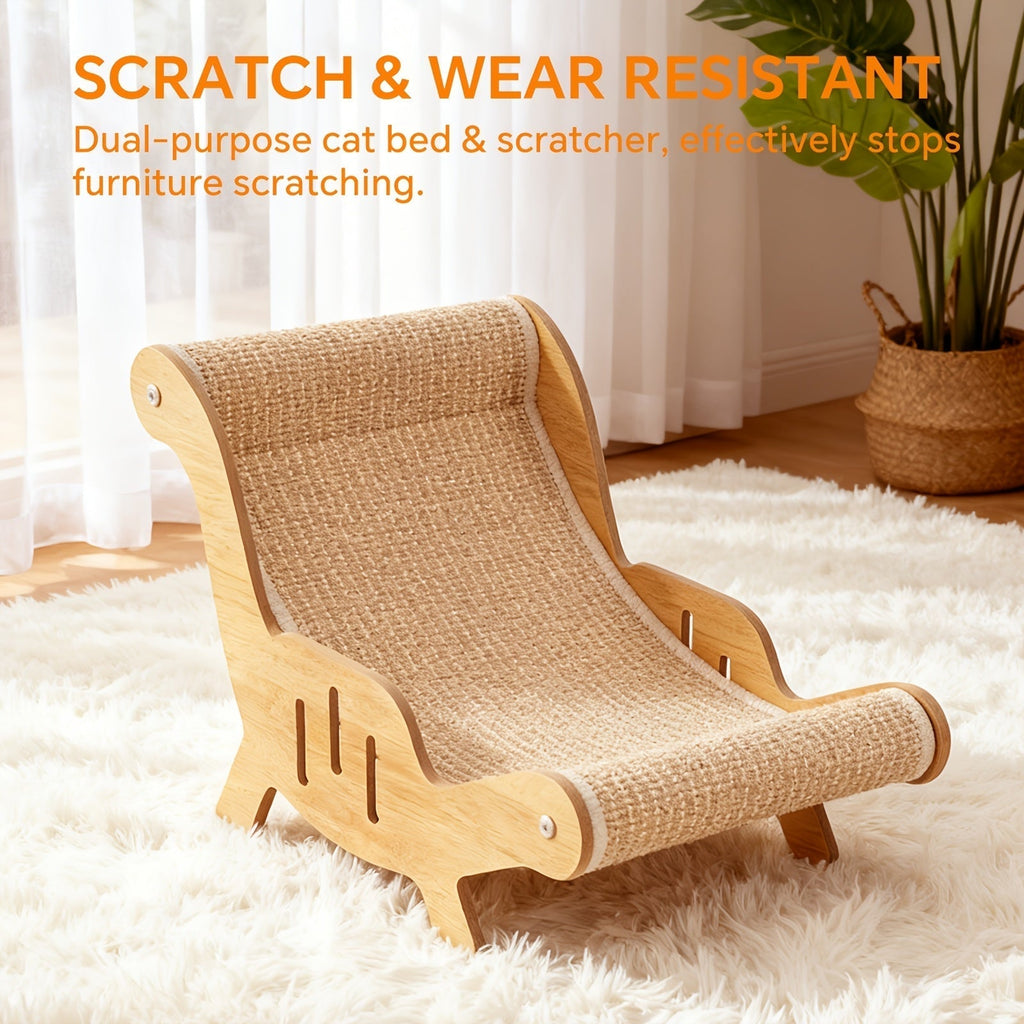 Curved Cat Lounger Chair with Wood Side Frame, Raised Feet and Continuous Beige Woven Sisal Surface
