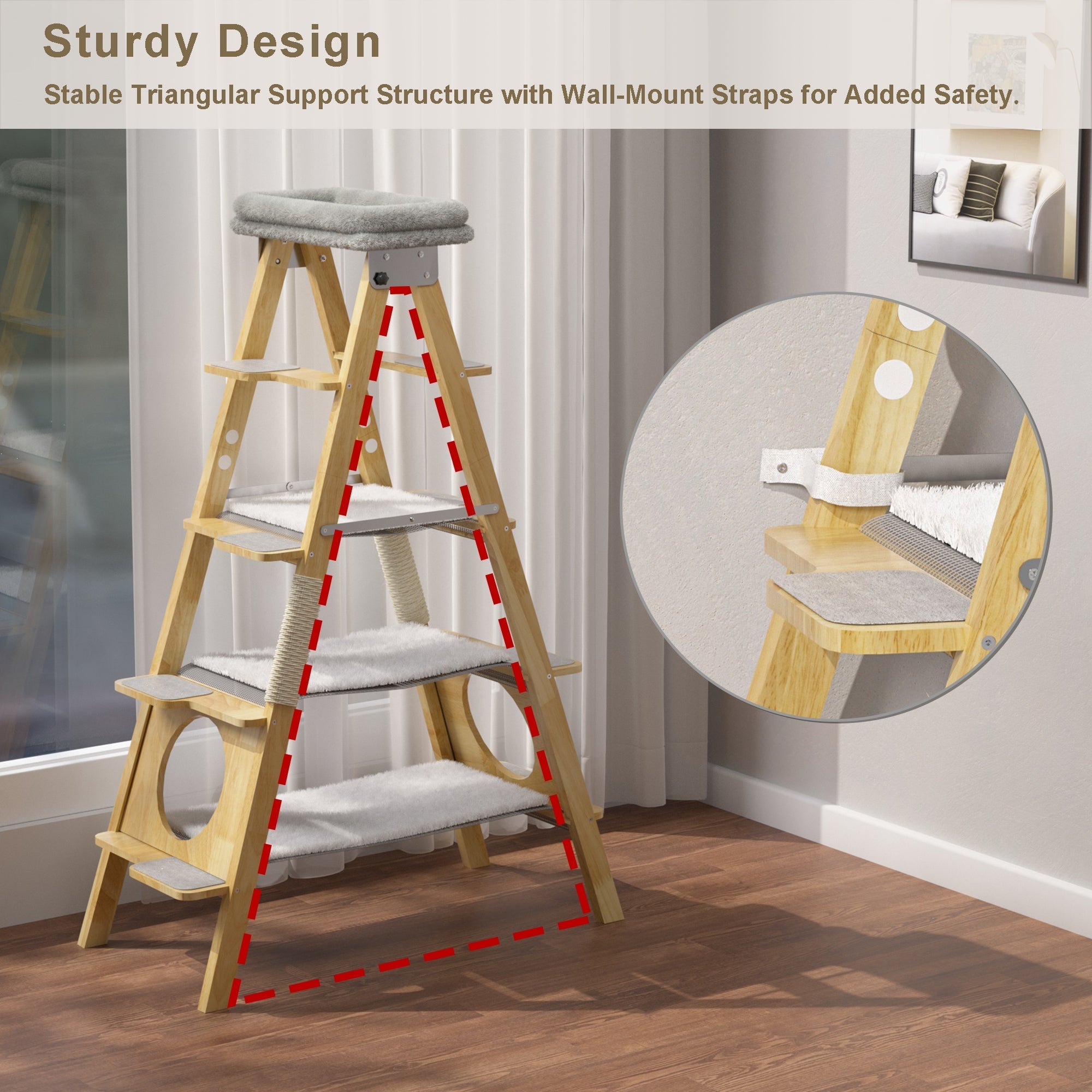 GDLF Modern Solid Wood Cat Tree Foldable Ladder Design with Cat Hammock & Sisal Scratch Post Easy Clean 60"H