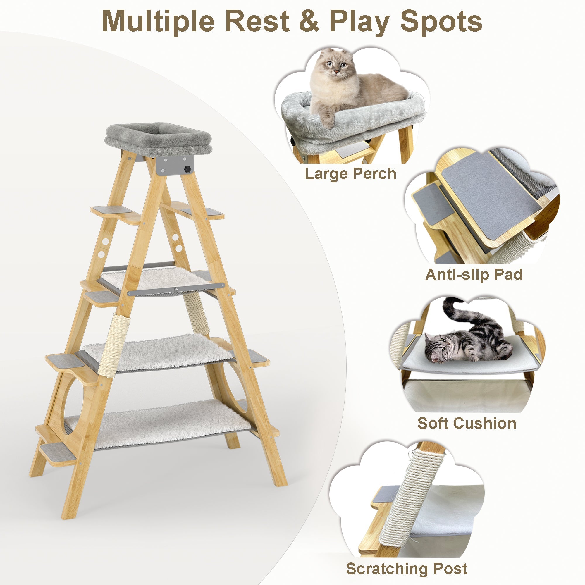 GDLF Modern Solid Wood Cat Tree Foldable Ladder Design with Cat Hammock & Sisal Scratch Post Easy Clean 60"H
