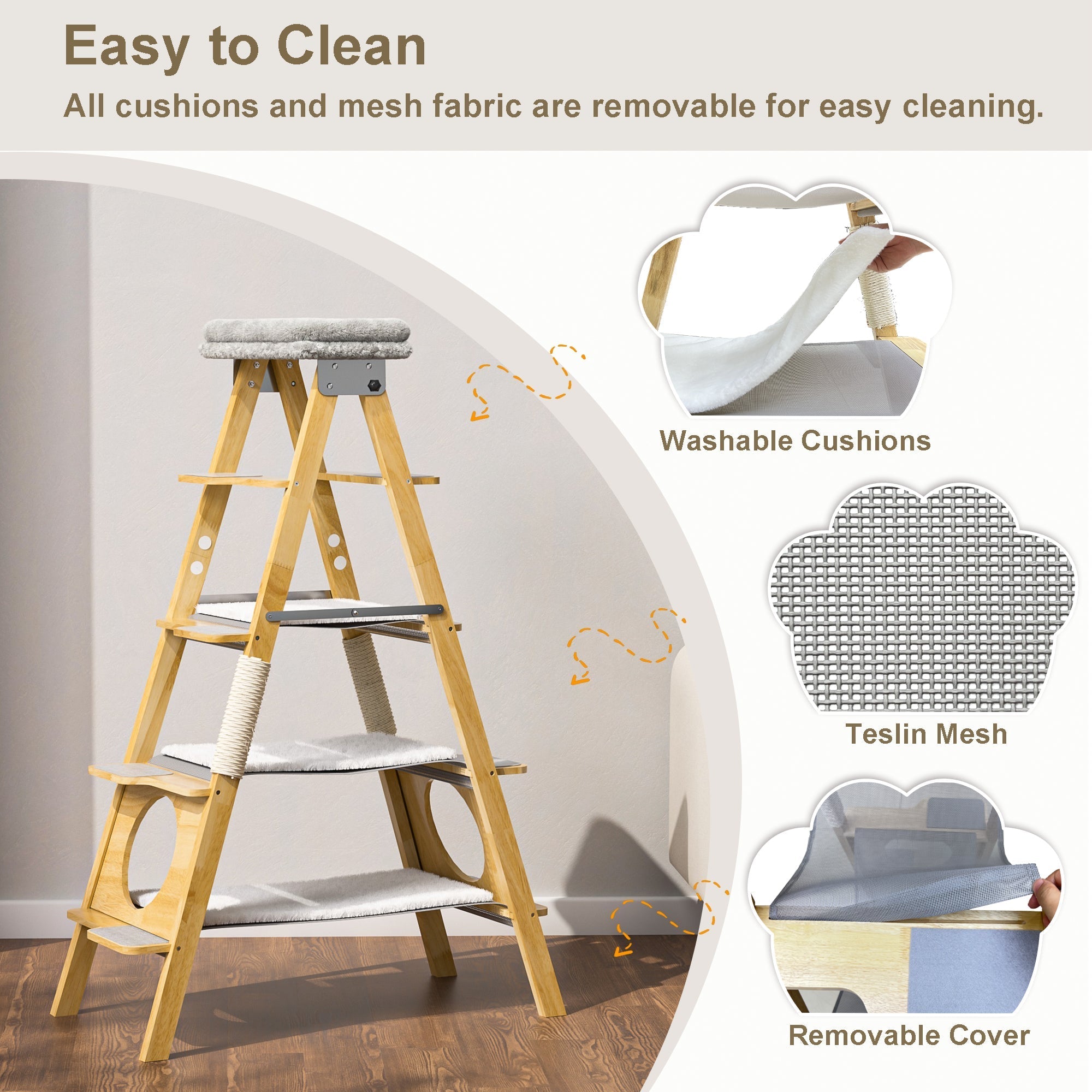 GDLF Modern Solid Wood Cat Tree Foldable Ladder Design with Cat Hammock & Sisal Scratch Post Easy Clean 60"H