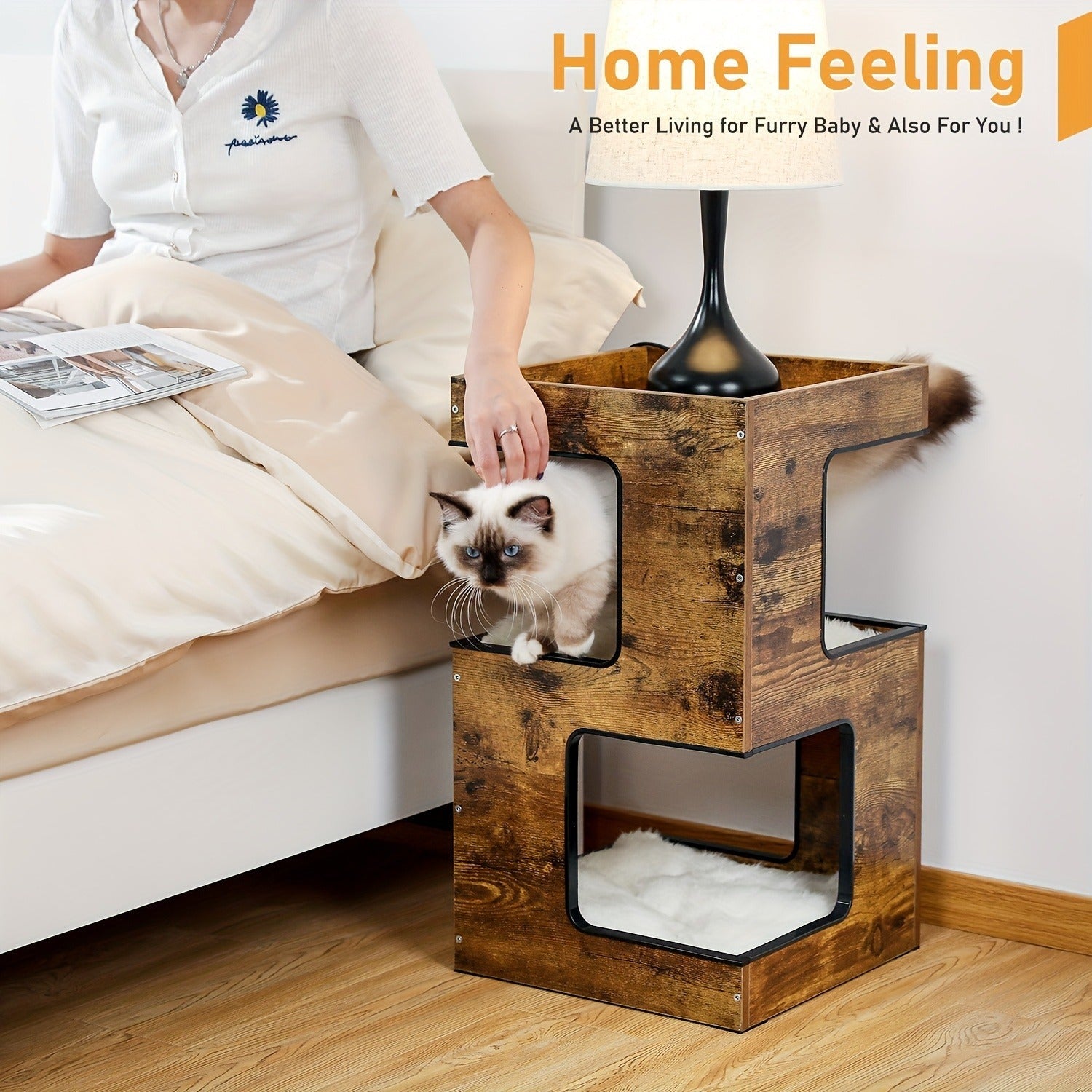 23.6-Inch Wood-Look Cat Tree Bed with Three Levels, Removable Soft Mats and Brown Finish for Indoor Cats