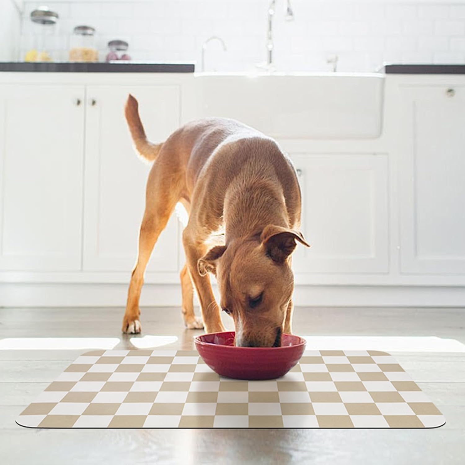 Checkered Dog Food Mat, Absorbent Leak-Proof Pet Feeding Mat, Quick Dry Cat Food Mat for Messy Drinkers 12" x 20" Khaki