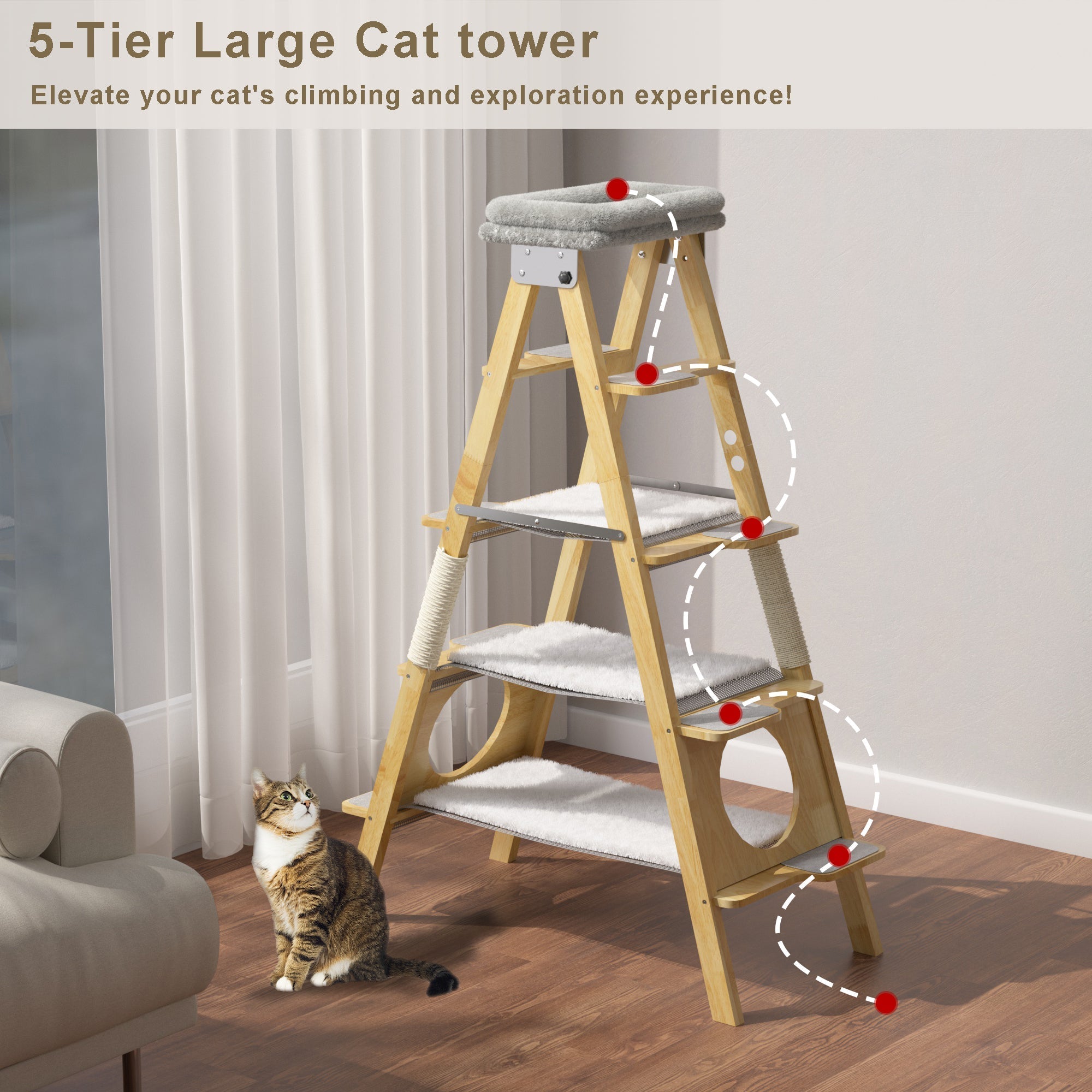 GDLF Modern Solid Wood Cat Tree Foldable Ladder Design with Cat Hammock & Sisal Scratch Post Easy Clean 60"H