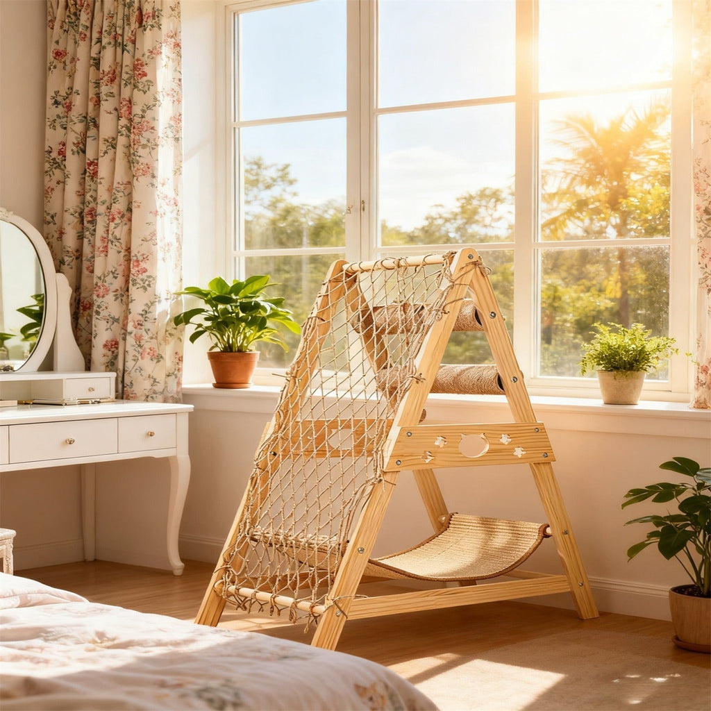 Cat Tree Triangle Cat Tower with Sisal Scratching Posts, Soft Hammock Bed & Hanging Feather Toys – Bamboo Stable Cat Climbing Tower for Indoor Cats, Kittens & Small Cats, Space-Saving Design