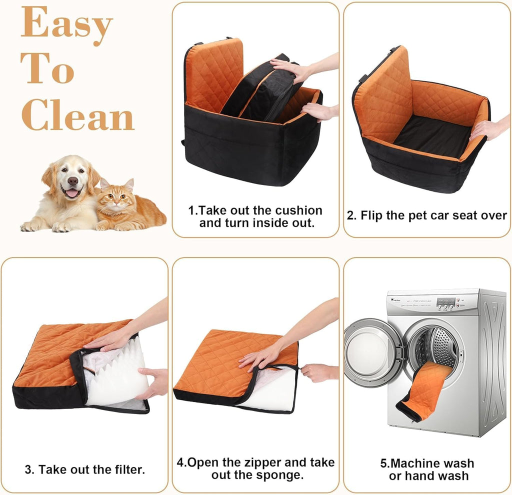 Dog Car Seat for Small/Medium Dogs,Pet Dog Booster Car Seat Puppy 15-35 lbs with Soft 4+2in Detachable Pads Detachable Elevated Cushion and Washable Cover Brown