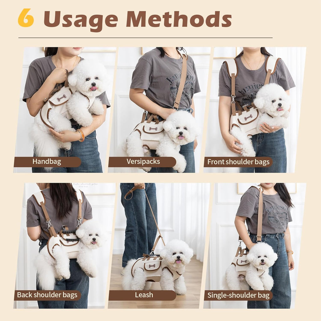 Dog Sling Backpack Carriers - Adjustable Pet Lift Harness Gear, Breathable Dogs Carrying Lifting with Traction Leash Shoulder Straps and Treat Bag for Cats Walking Hiking Travel (S, 4-8lbs)