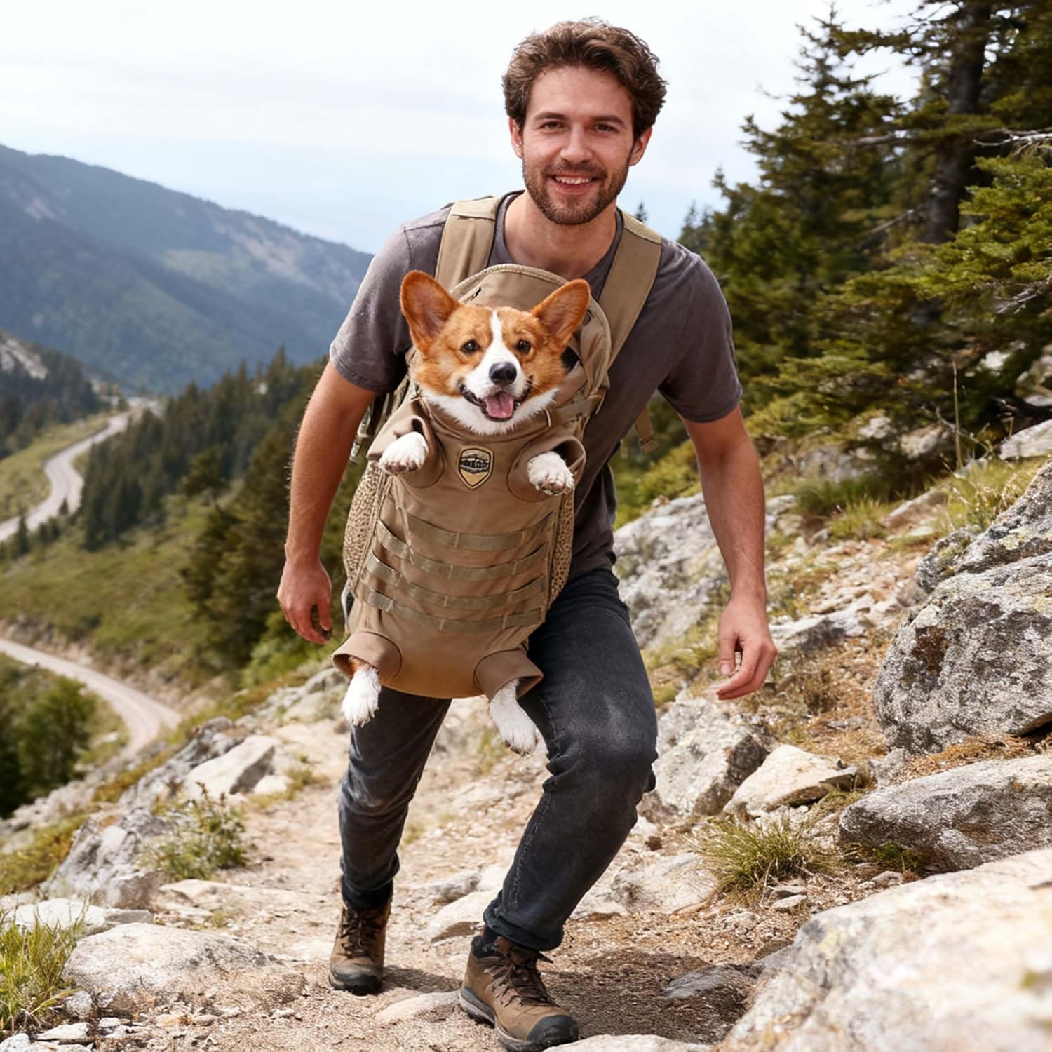 FLAdorepet Dog Carrier Tactical Backpack for Medium Large Dogs,Soft Hands-Free Legs Out Pet Front Cat Dog Carrier Backpack Travel Bag for Outdoor Traveling Hiking Camping (Medium, Khaki)