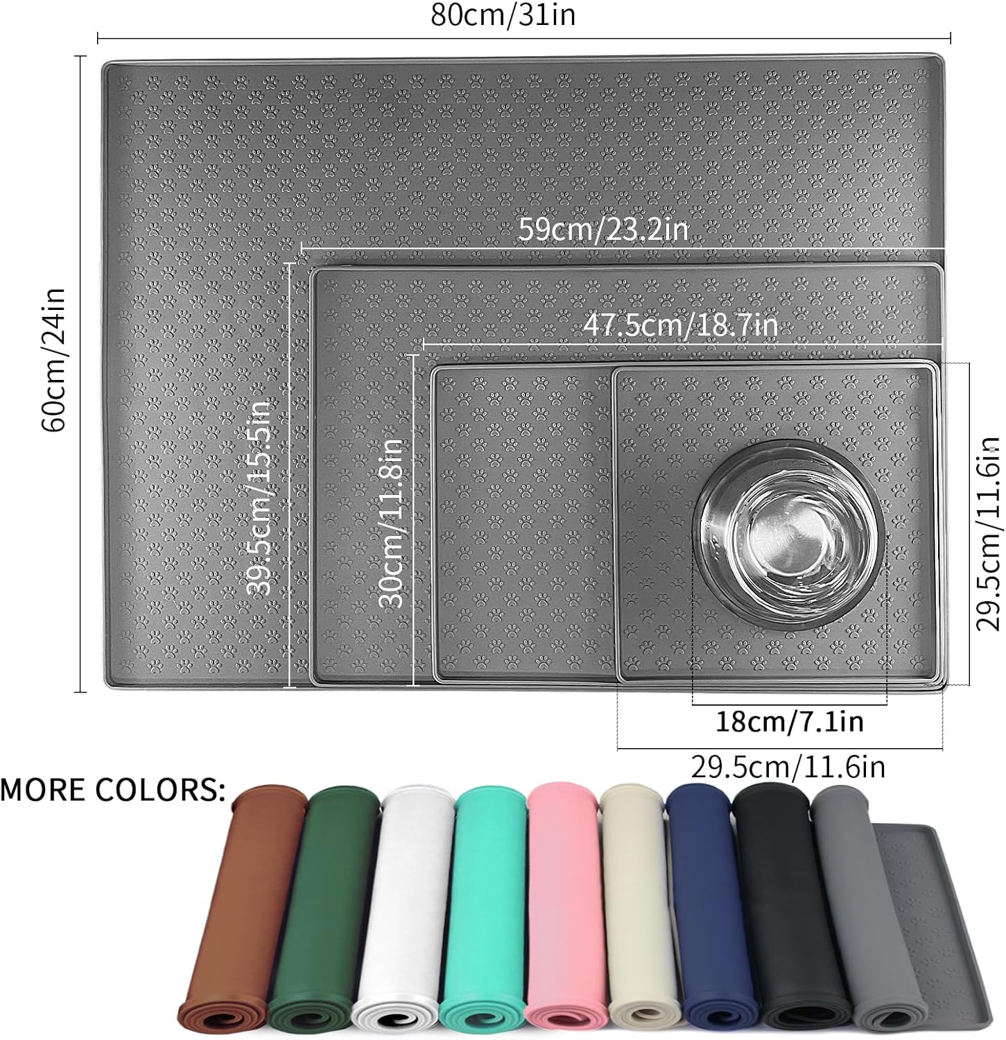 Ptlom Pet Placemat for Dog and Cat, Mat for Prevent Food and Water Overflow, Suitable for Small, Medium and Big Pet, 18" 12", Grey, Silicone