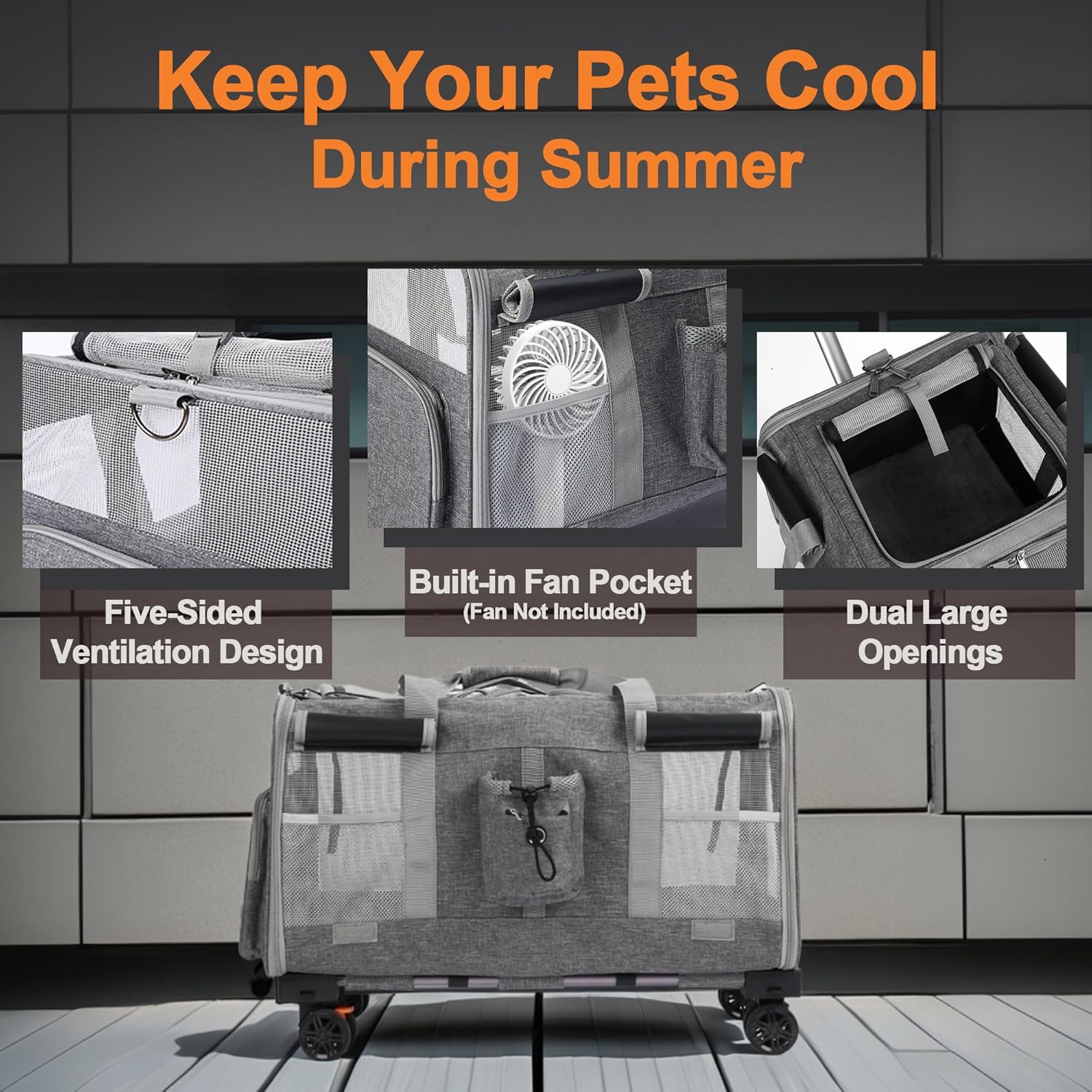 Large Cat Carrier with Wheels – Double-Compartment Foldable Pet Dog Carrier with Wheels for Multi Pets – Soft Rolling Backpack with Detachable Divider, Water Pocket, for Travel Camping Hiking